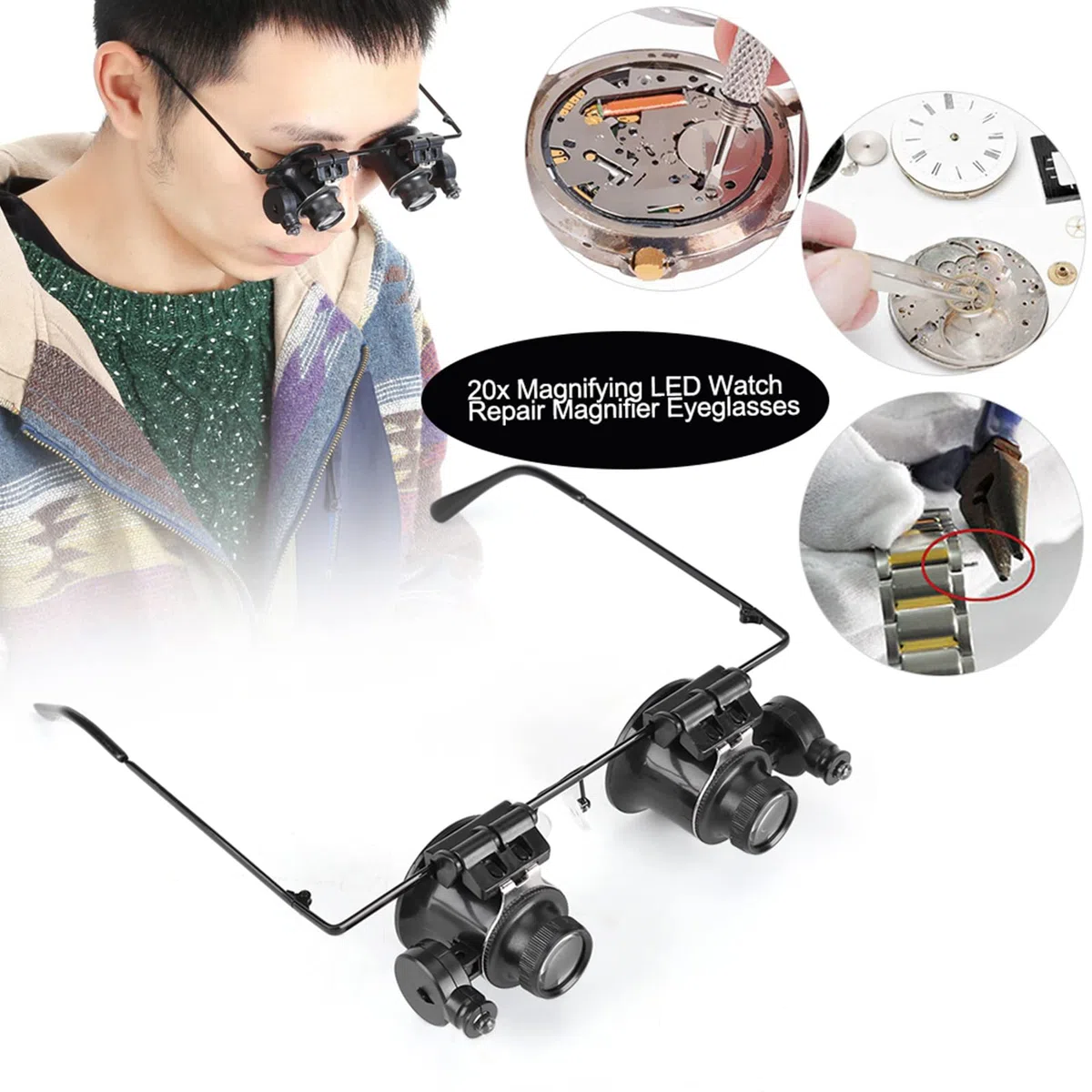 BORDSTRACT Lente d'ingrandimento da testa illuminata, Occhiali professionali per riparazione orologi, Lente d'ingrandimento da 2,5X a 25X Strumento per gioiellieri per gioiellier