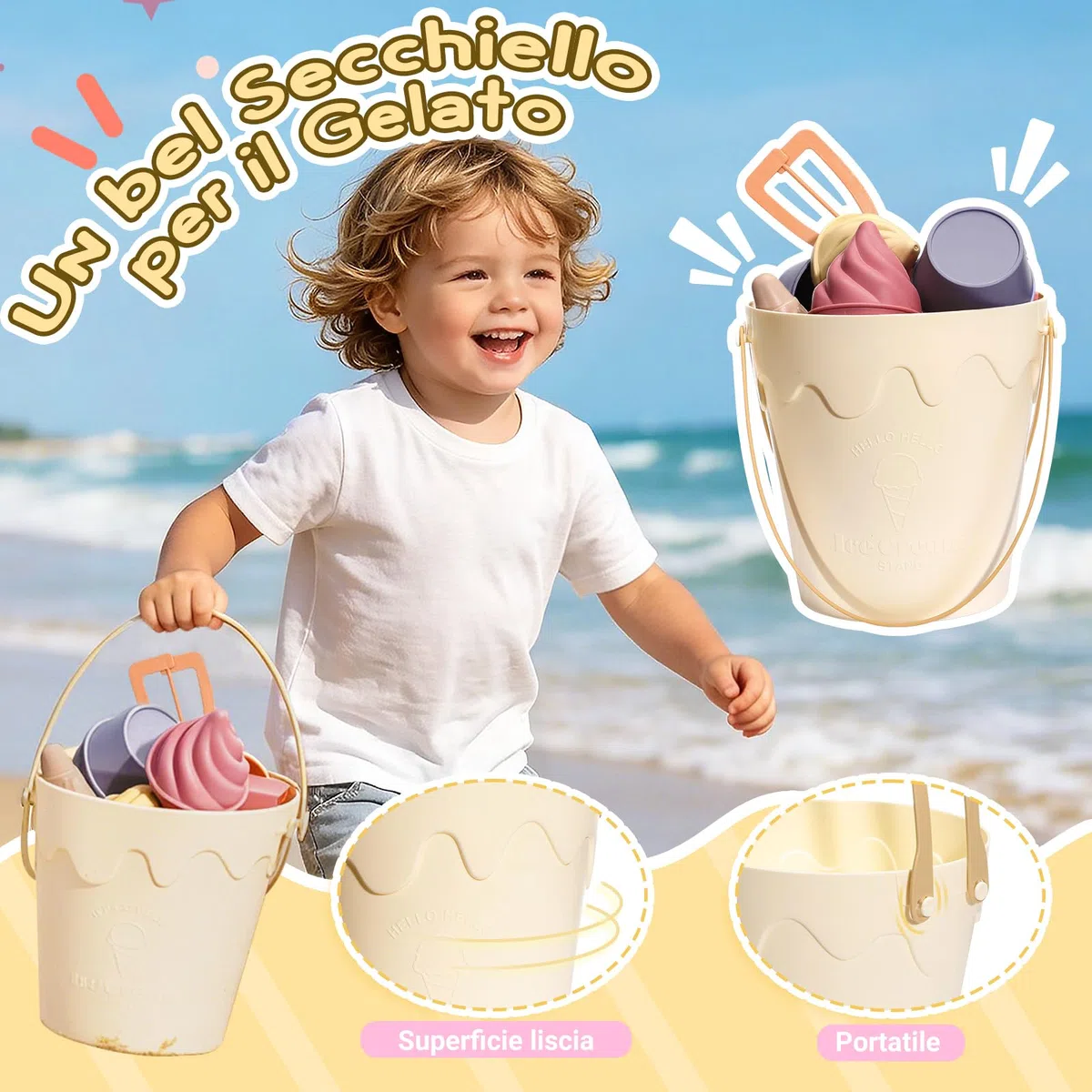 VBACALA Set Gelato Giocattolo da Spiaggia per Bambini, 13 Pezzi con Secchiello, Formine Sabbia e Accessori Gelateria, Giochi Mare e Giardino, Regalo Estate Bambini 3+ Anni