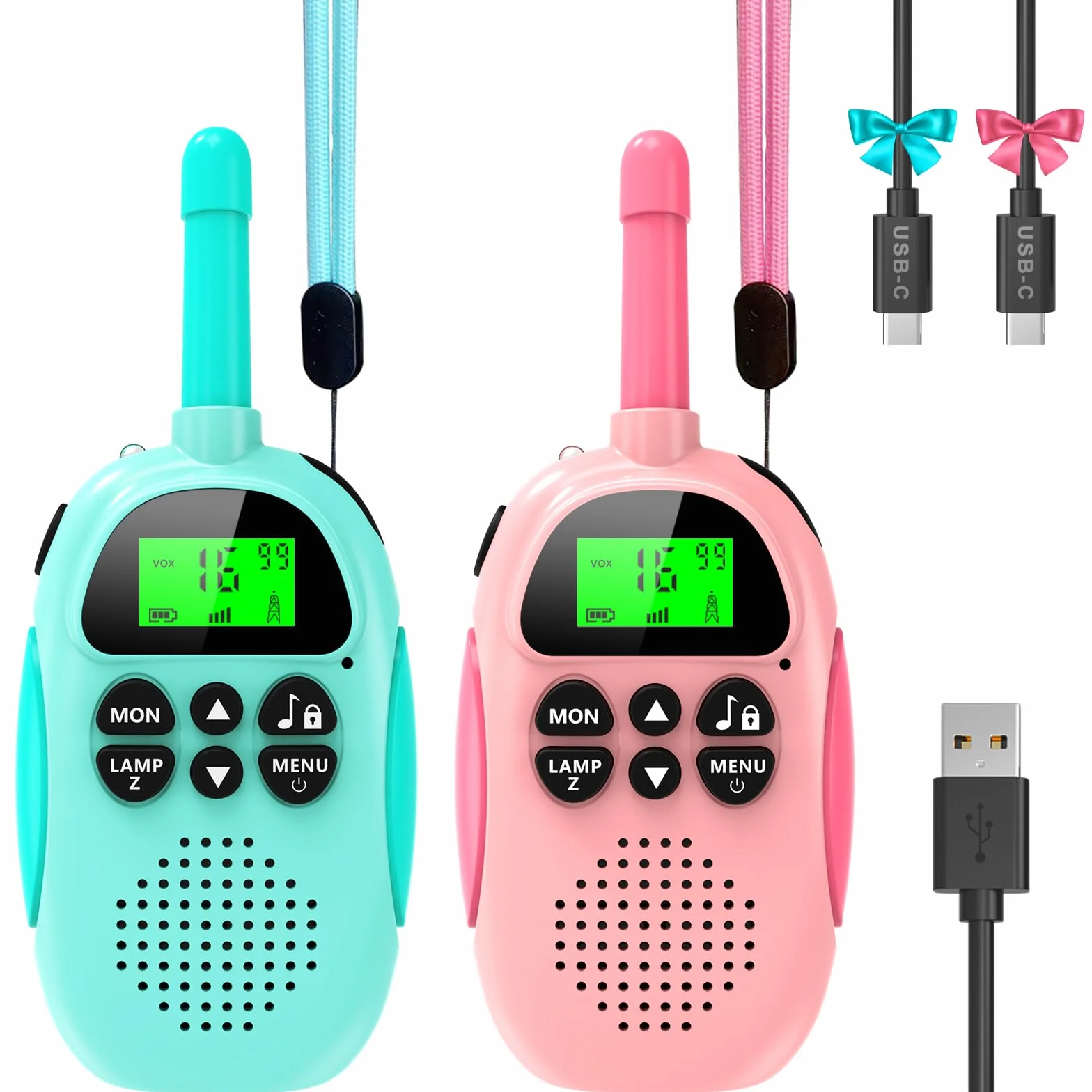 Ushining Walkie Talkie Bambini, 16 Canali Radio Giocattolo a 2 Vie con Torcia LCD Retroilluminata VOX Walkie Talkie Ricaricabile a Lungo Raggio, Regalo per Ragazze e Ragazzi di 3-12 Ann (Blu e Rosa)