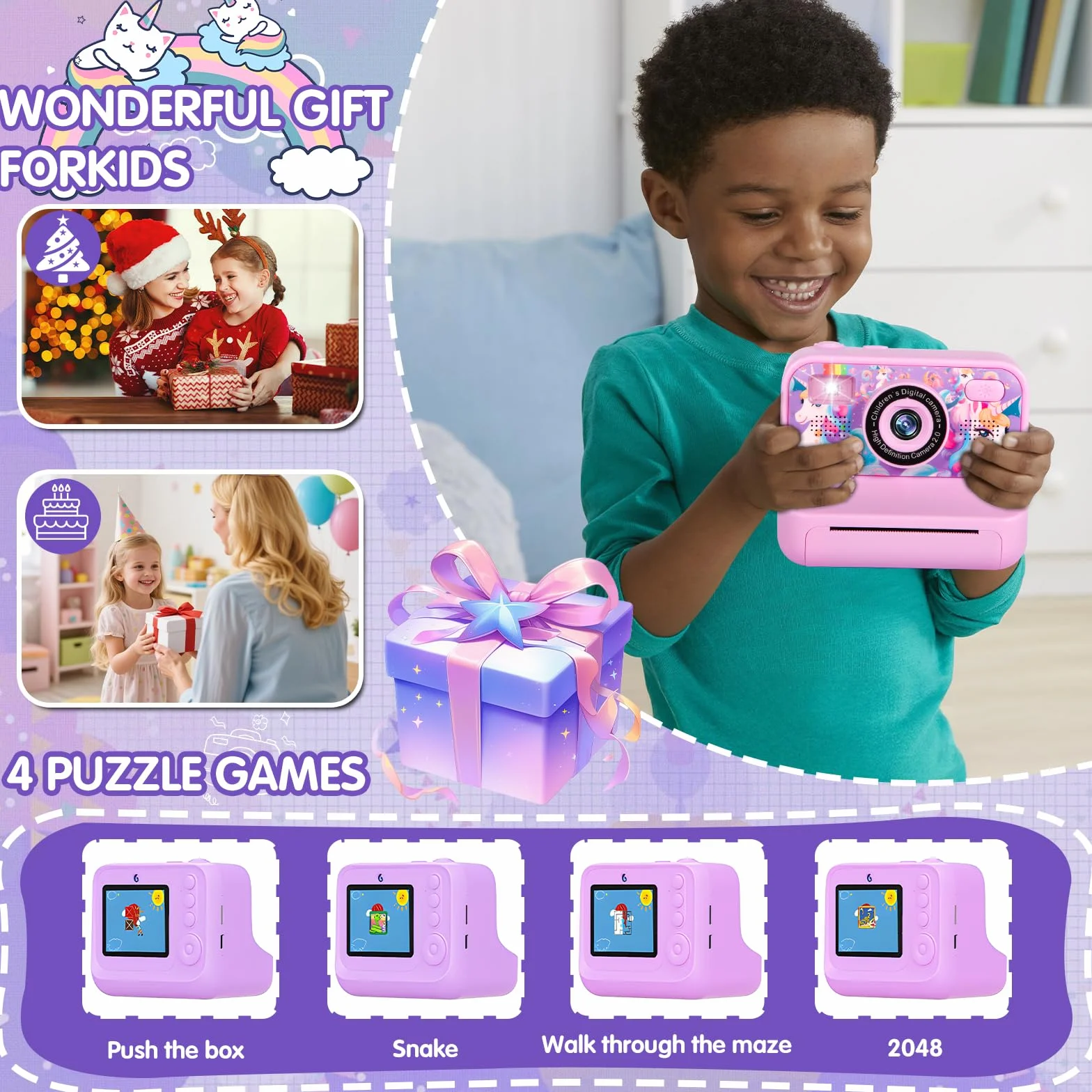 Macchina Fotografica Bambini Istantanea, Fotocamera Istantanea 2.4" 1080P Fotocamera Bambini con 32GB Schede e Carta da Stampa, Modalità Selfie e Video,Regali per Ragazzi Ragazze da 3-12 Anni