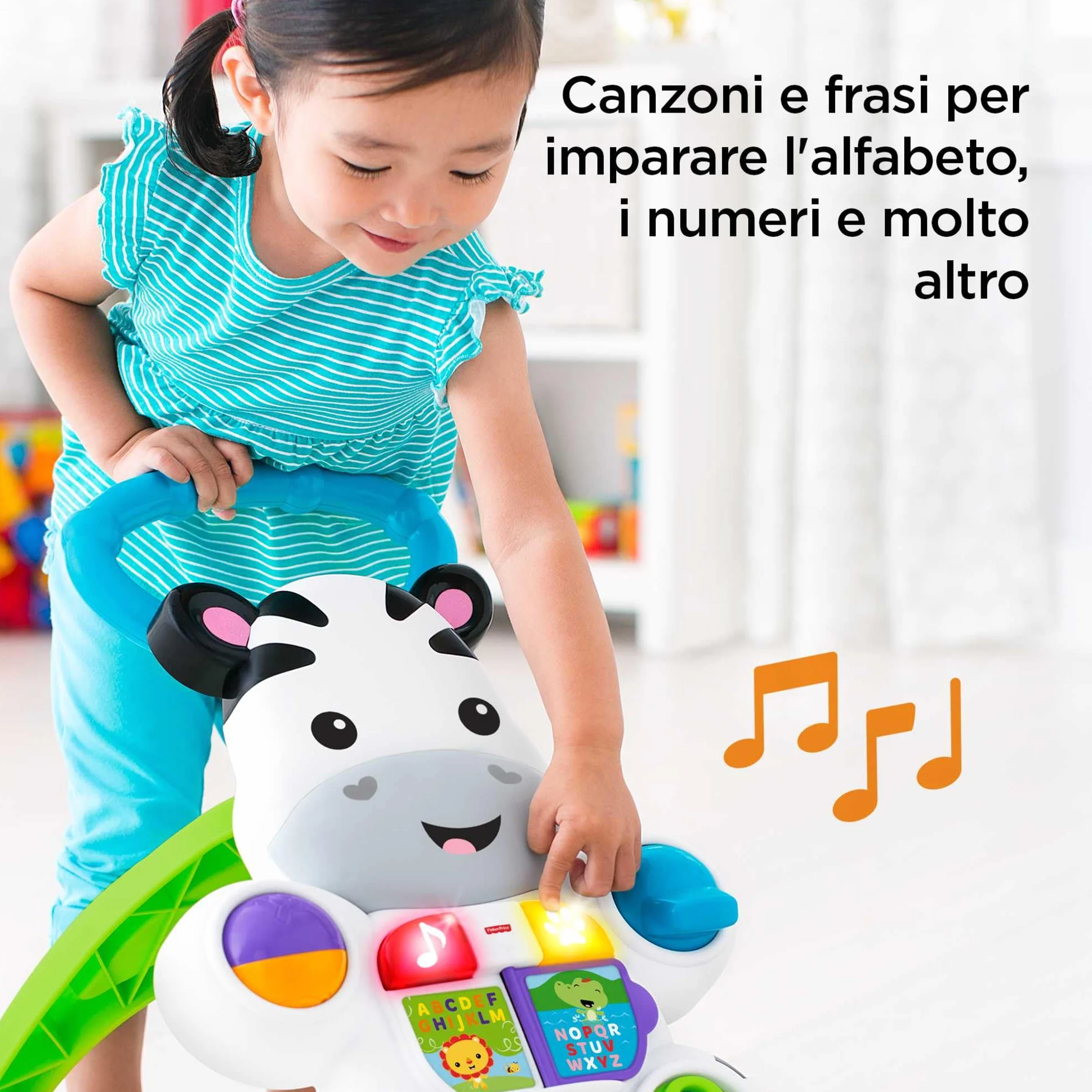 Fisher-Price Zebra Primi Passi Spingibile, Giocattolo Elettronico Educativo con Musica e Suoni, per Camminare, per Bambini di 6+ Mesi, Italiano Imballaggio Sostenibile, HBB66