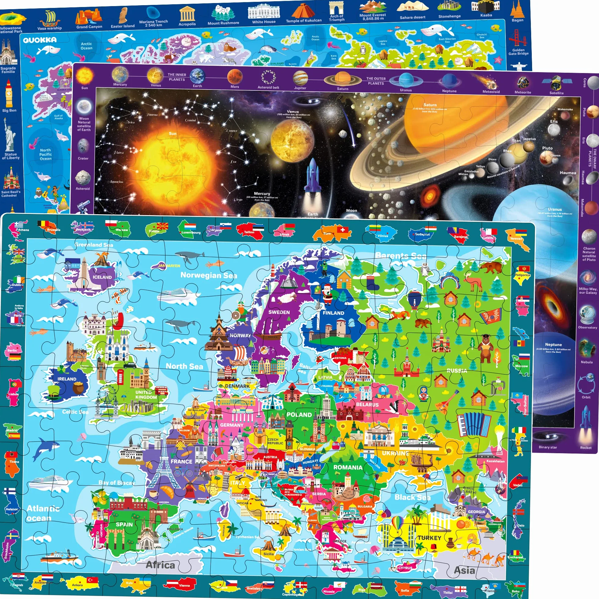 QUOKKA Puzzle 100 Pezzi Bambini 4 5 6 Anni – Set di 3 Puzzle Mappamondo Bambini 6 7 Anni – Gioco Educativo con Spazio Europa e Mappa del Mondo – Giocattolo Regalo per Ragazzi e Ragazze dai 4 ai 9