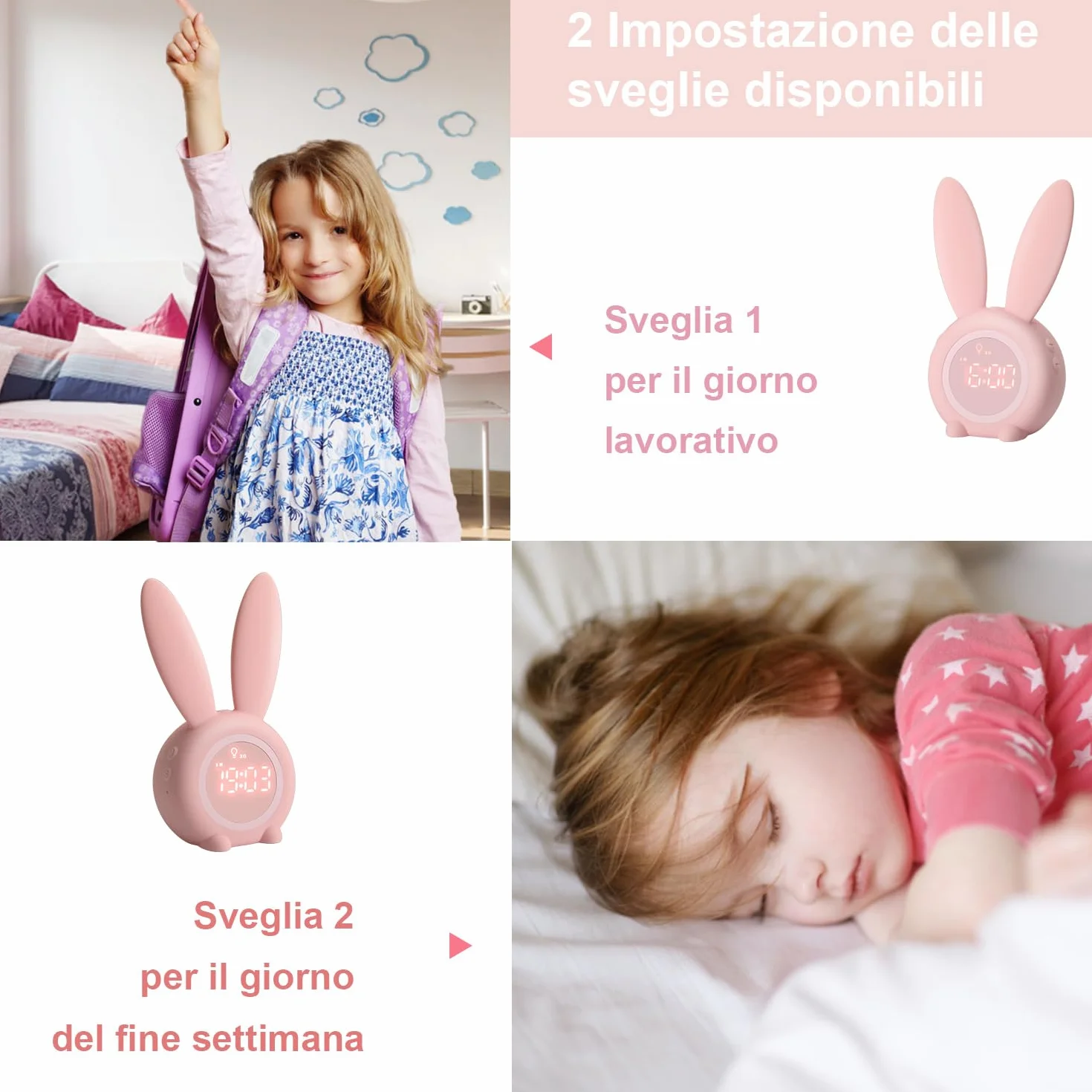 YONGYAO Sveglia Bambini Sveglia luminosa per bambini Réveil pour enfants avec motif de lapin mignon pour filles Réveil de la lumière Réveil Fonction Snooze Aimant Installation Timed Lapin Horloge