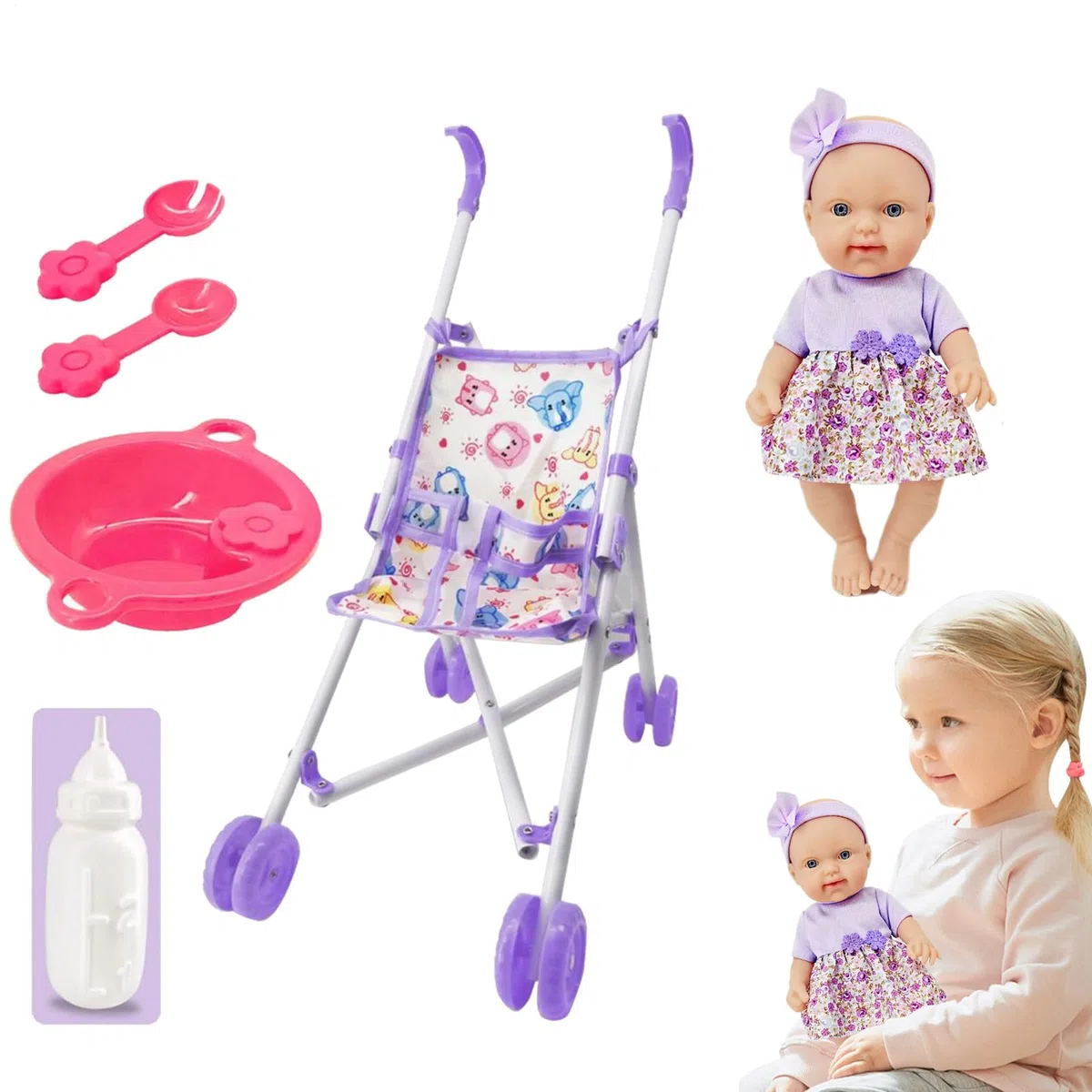 Passeggino – Gioco Realistico, Set Bambola 10 Pollice Giocattolo Imitazione Bambino | Kit s per Ragazza Ragazzo 3+ Anni Gioco Ruolo