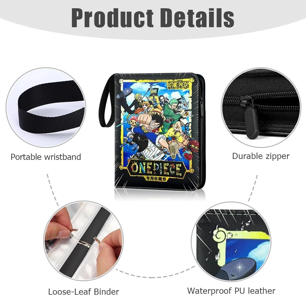 One Piece Album per Giochi Carte Anime 50 Pagine per 400 Carte Libro Porta Cartes con Cerniera Pelle PU Trasparente Impermeabile Cerniera Anime Cards Album Libro Regalo per Bambini A