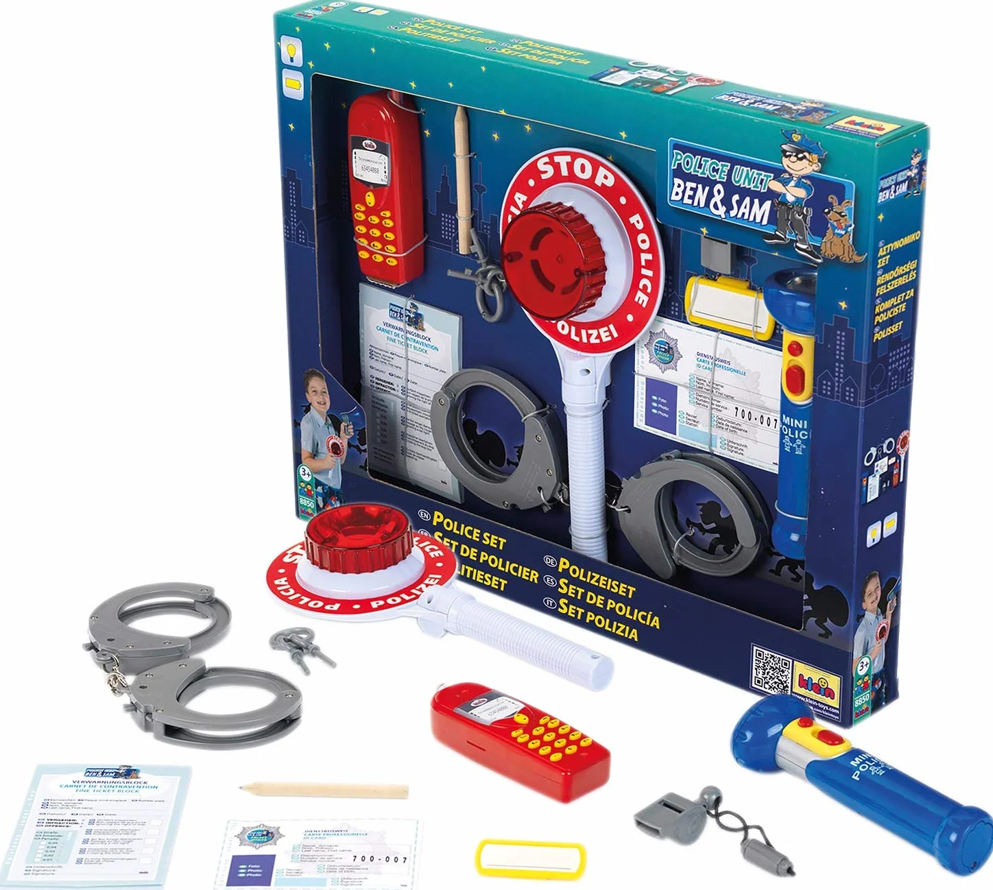 Theo Klein 8850 Set della polizia, Il set Police Unit Ben & Sam è composto da 10 pezzi, Include una torcia tascabile e una paletta della polizia con luce alimentati a batterie, Dimensioni della confezione: 40 cm x 32 cm x 4,5, Giocattolo per bambini a par