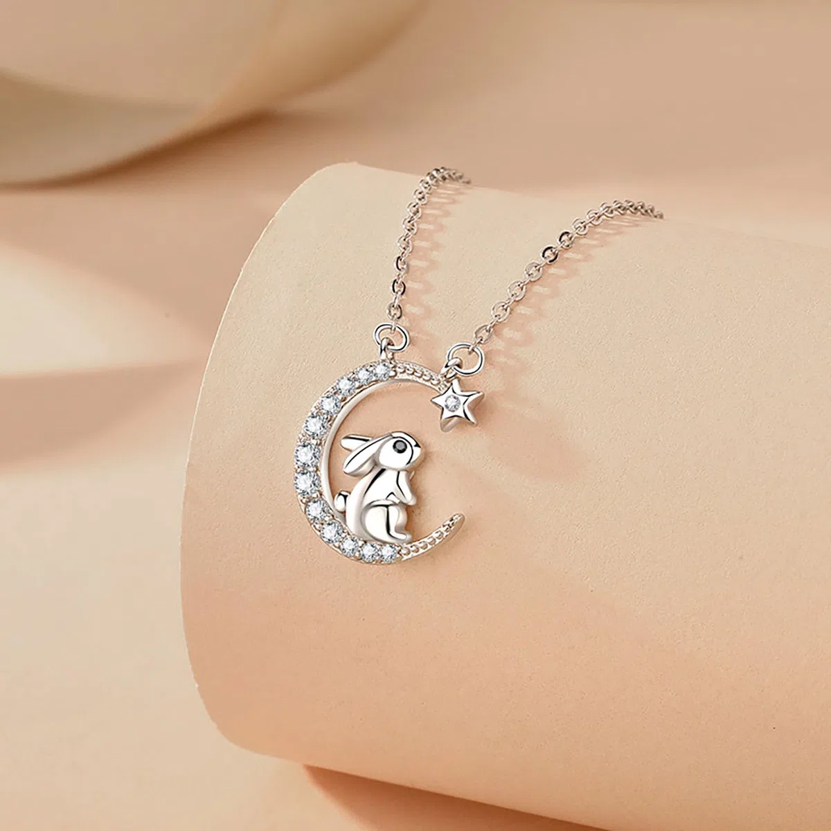 Collana Luna Stella Coniglio Argento 925 per Donna Bambina Ragazza Ciondolo Luna Stelle Coniglio Zirconi Collana da Donna Argento Cristalli Brillantini Animale Catena Gioielli