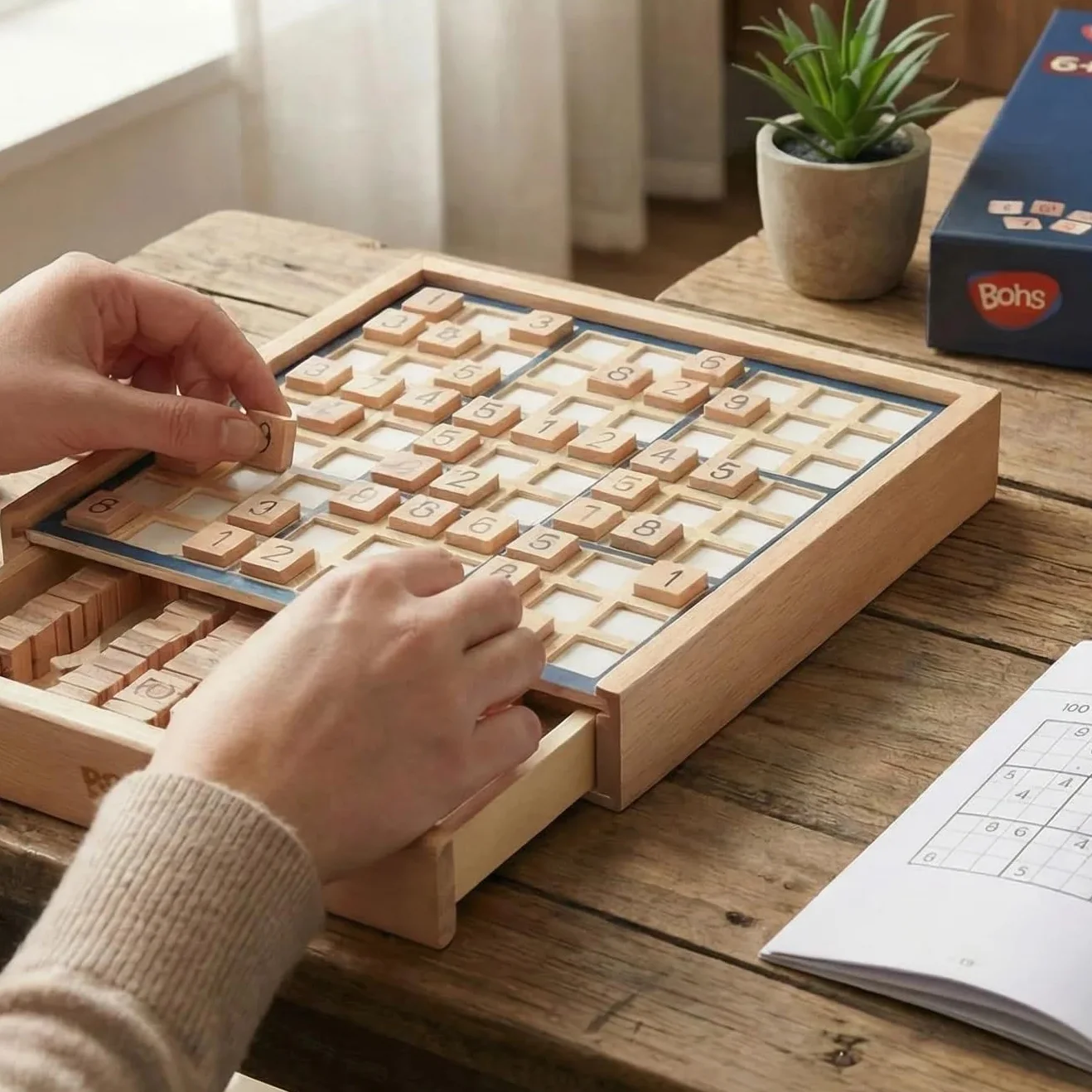 BOHS Gioco da Tavolo Sudoku in Legno con Cassetto per Adulti 100 Puzzle