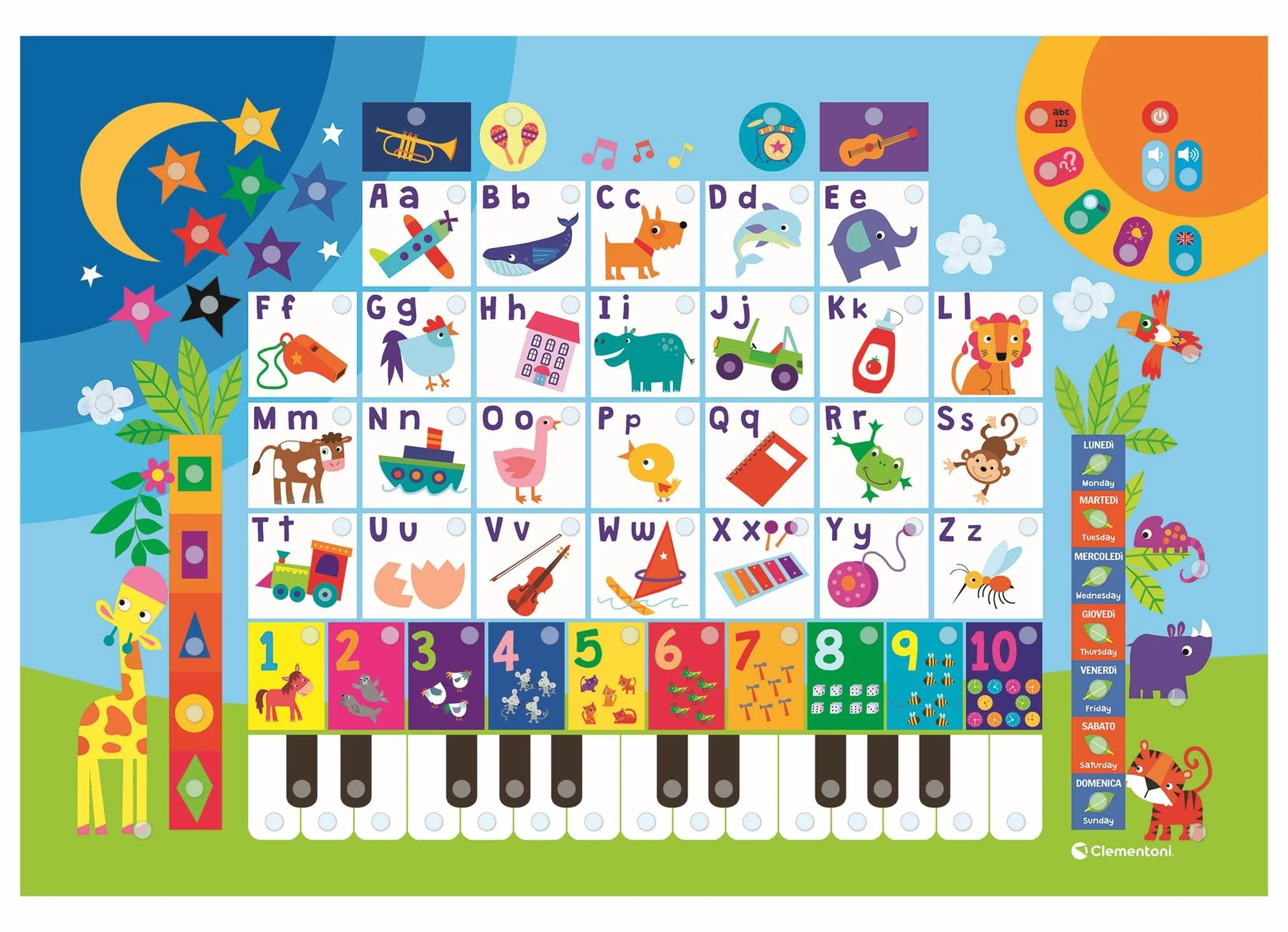 Clementoni - Sapientino Alfabeto Parlante, Poster Elettronico Educativo Bilingue Italiano Inglese per Bambini 3-5 Anni, 26 Lettere e Numeri Interattivi, Parole Musica e Quiz, 16665