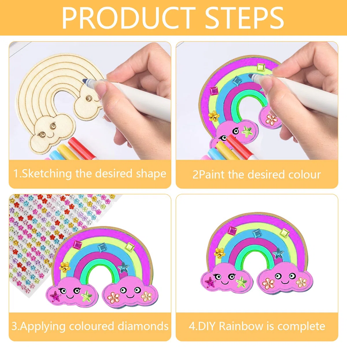 Qunkun Set fai da te in legno con unicorno, 55 pezzi, set fai da te creativo per bambini, set fai da te con matita ad acquerello e adesivi con pietre preziose