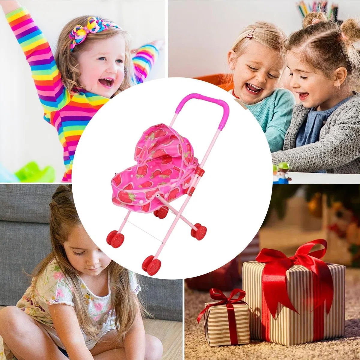 Passeggino per bambole pieghevole con tettuccio, passeggino per giochi di ruolo per ragazze, passeggino leggero per bambole per interni ed esterni, per imparare all'asilo, viaggi, compleanno