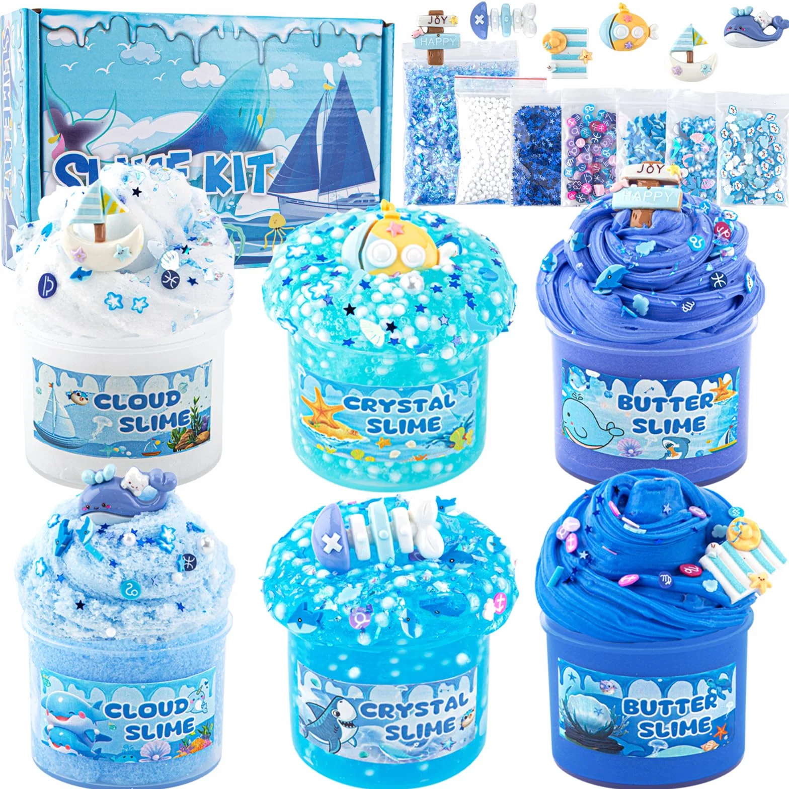 6 Confezioni Kit Slime Blu - Cloud, Butter & Clear, Croccante per Bambini con Aggiunte, Bomboniere per Feste, per Ragazze e Ragazzi, 360ml (Oceano)