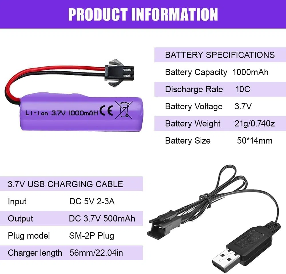 YUNIQUE GREEN-CLEAN-POWER 2 Batterie Li-Ion 3.7V 1000mAh con Connettore SM-2P + 2 Caricatori USB – Batterie Ricaricabili per Auto RC, Barche, Robot e Giocattoli Radiocomandati