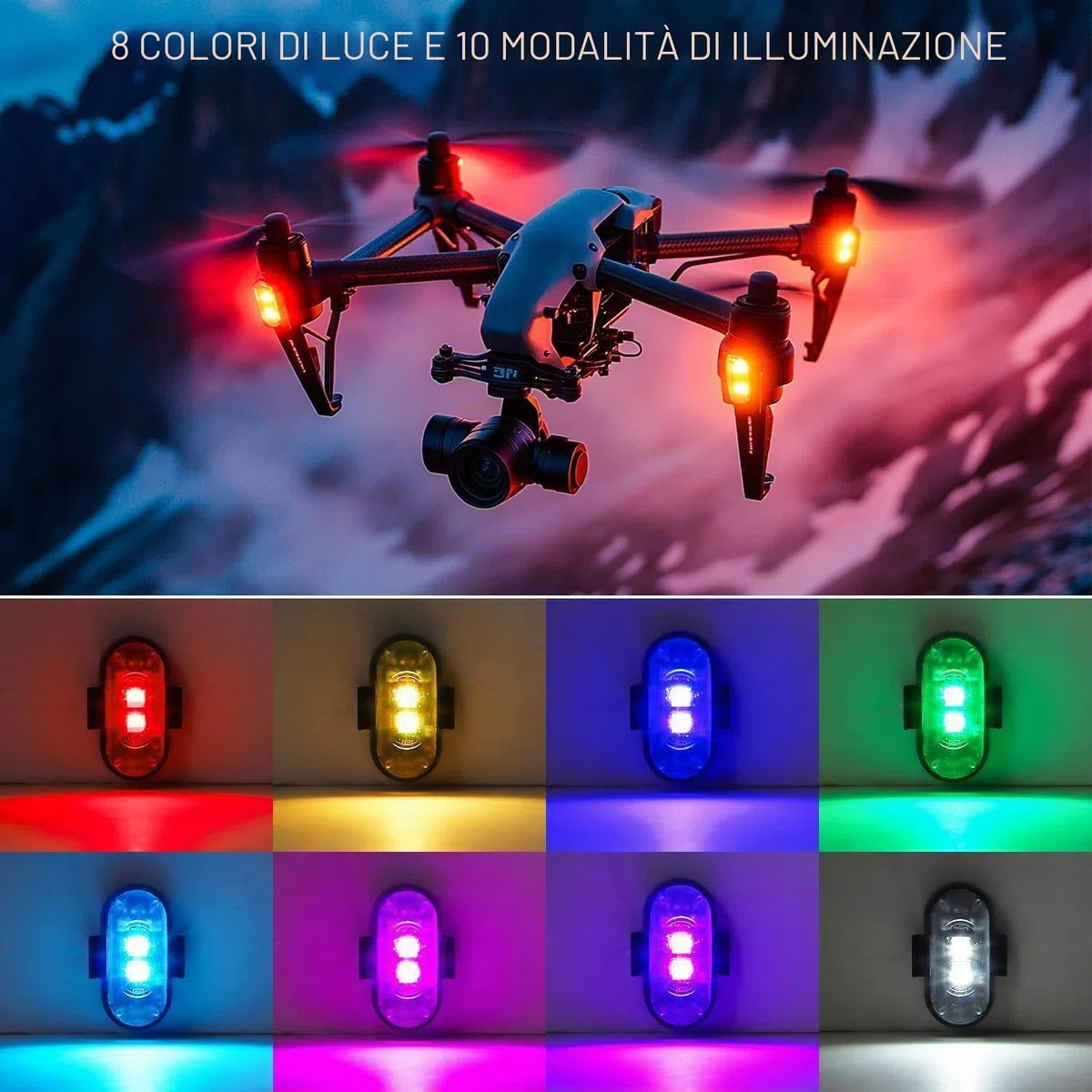 4 Pezzi Luci Stroboscopiche Drone con Telecomando, 8 Colori Ricarica USB Lmpermeabile Luce a LED per Droni Moto ATV Biciclette RC Car