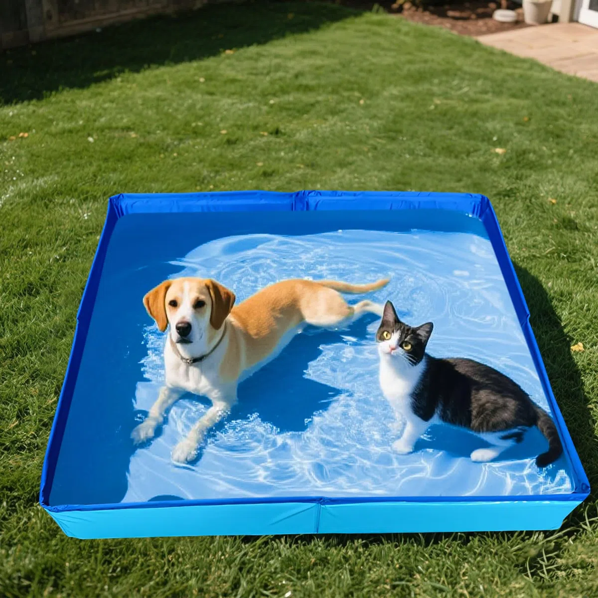 Piscina pieghevole per gatti e cani di piccola taglia, 50 x 50 x 10 cm, con 6 giocattoli per pesci, mini piscina per bambini, piccola piscina estiva per gatti, animali domestici (blu)
