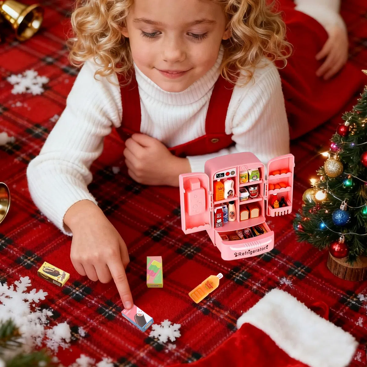 Accessori per la casa delle bambole, Mini Verse Frigorifero giocattolo con 40+ Mini alimenti, set da gioco per bambini, frigorifero per bambini realistico con ghiaccio, succo e accessori da cucina