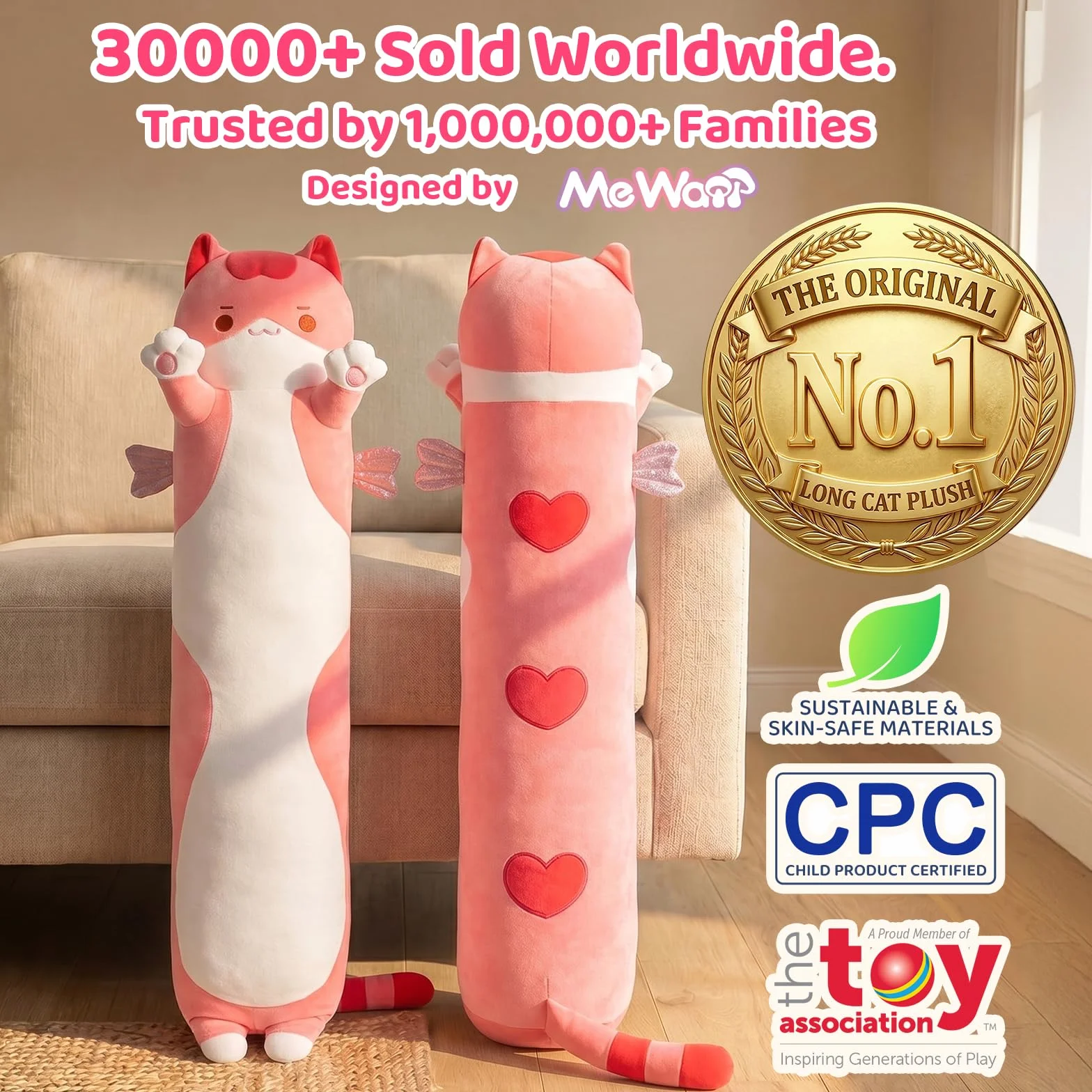 Mewaii Peluche Cuscino Kawaii Lungo Gatto Rosa 50CM per Bambina Cuscino di Peluche Animali Giocattoli Abbraccio Morbido Cuscino Giocattolo Regalo per Ragazza 3 anni in su