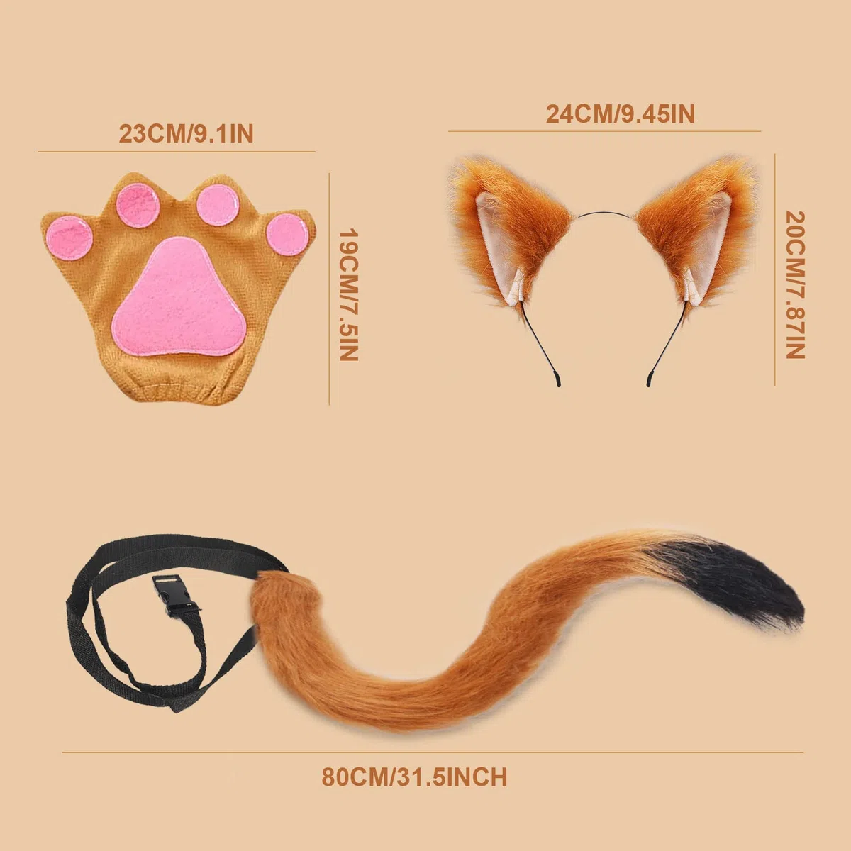 TSHAOUN 4 Pezzi Finto Peloso Volpe Gatto Orecchie Cosplay Set, Costume Peluche Artiglio Orecchie Coda per Dress Up Carino Costume Party