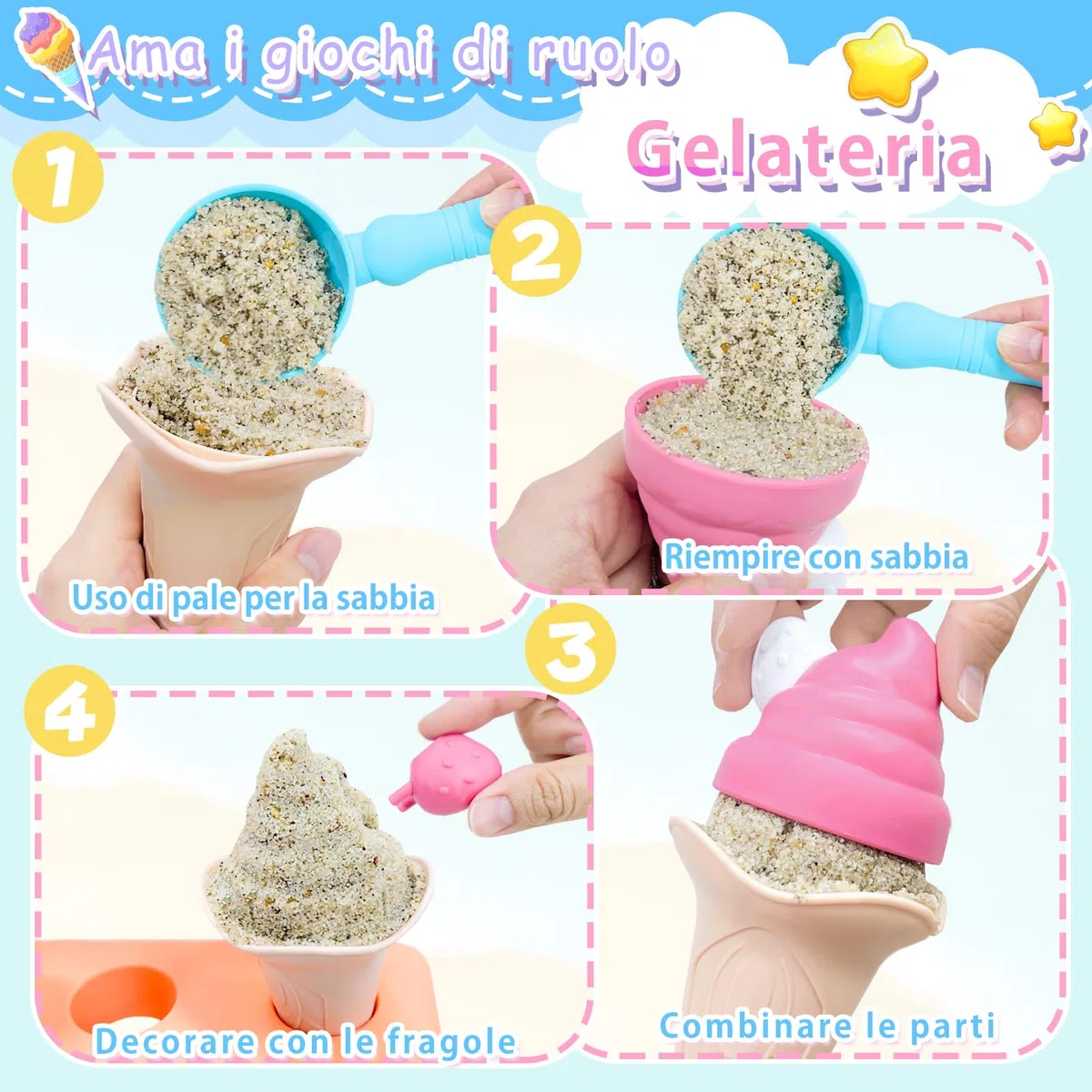 VBACALA Set Spiaggia per Bambini 15 Pezzi,Giocattolo Spiaggias di Gelato Completo con Pala,Gelato Stampo,Cono Torta Giocattolo Spiaggia, Giocattoli Bambini 3+ Anni