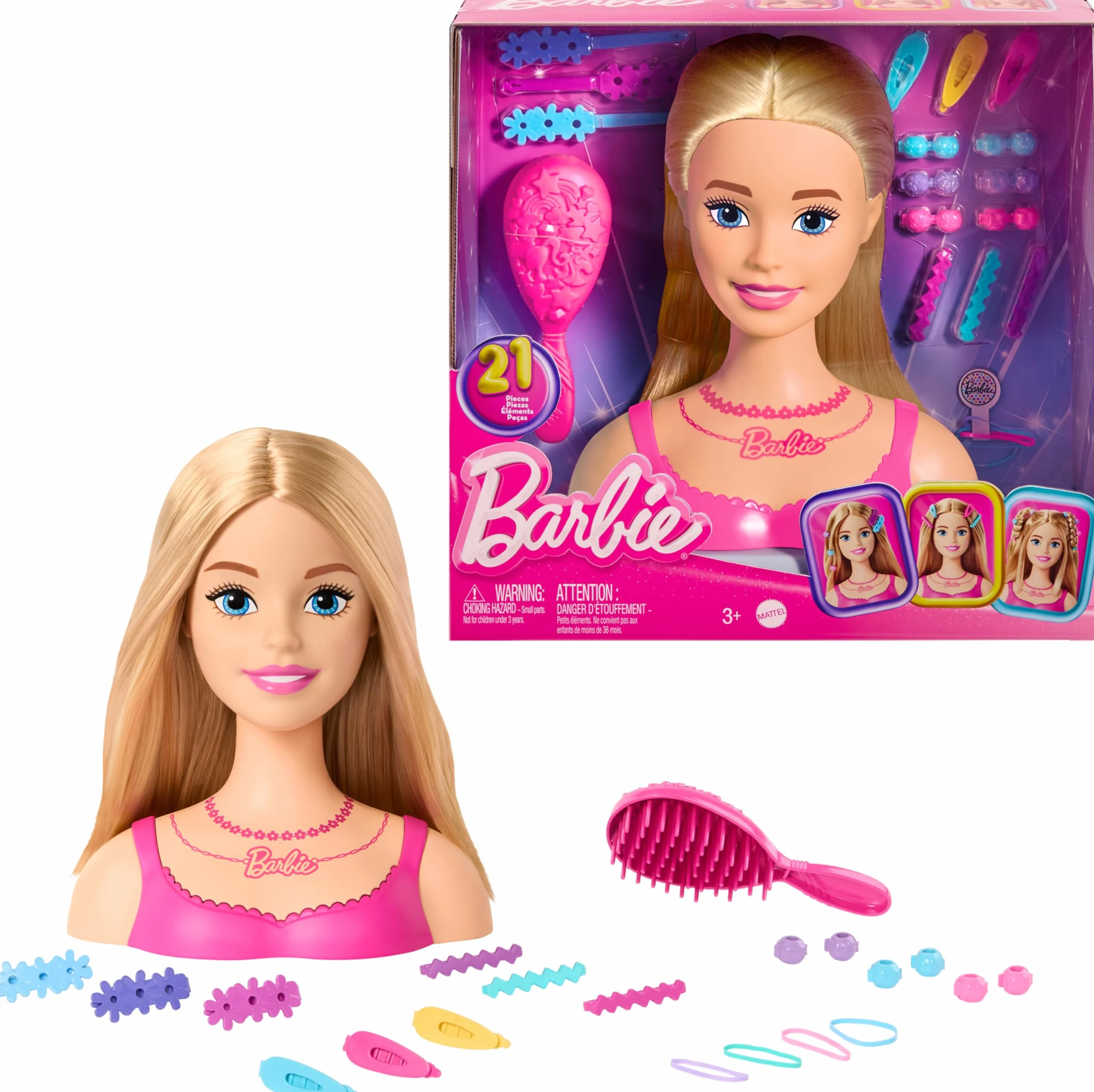 Barbie Testa per acconciare le bambole, capelli biondi con 20 accessori colorati, testa di bambola per acconciature, HMD88