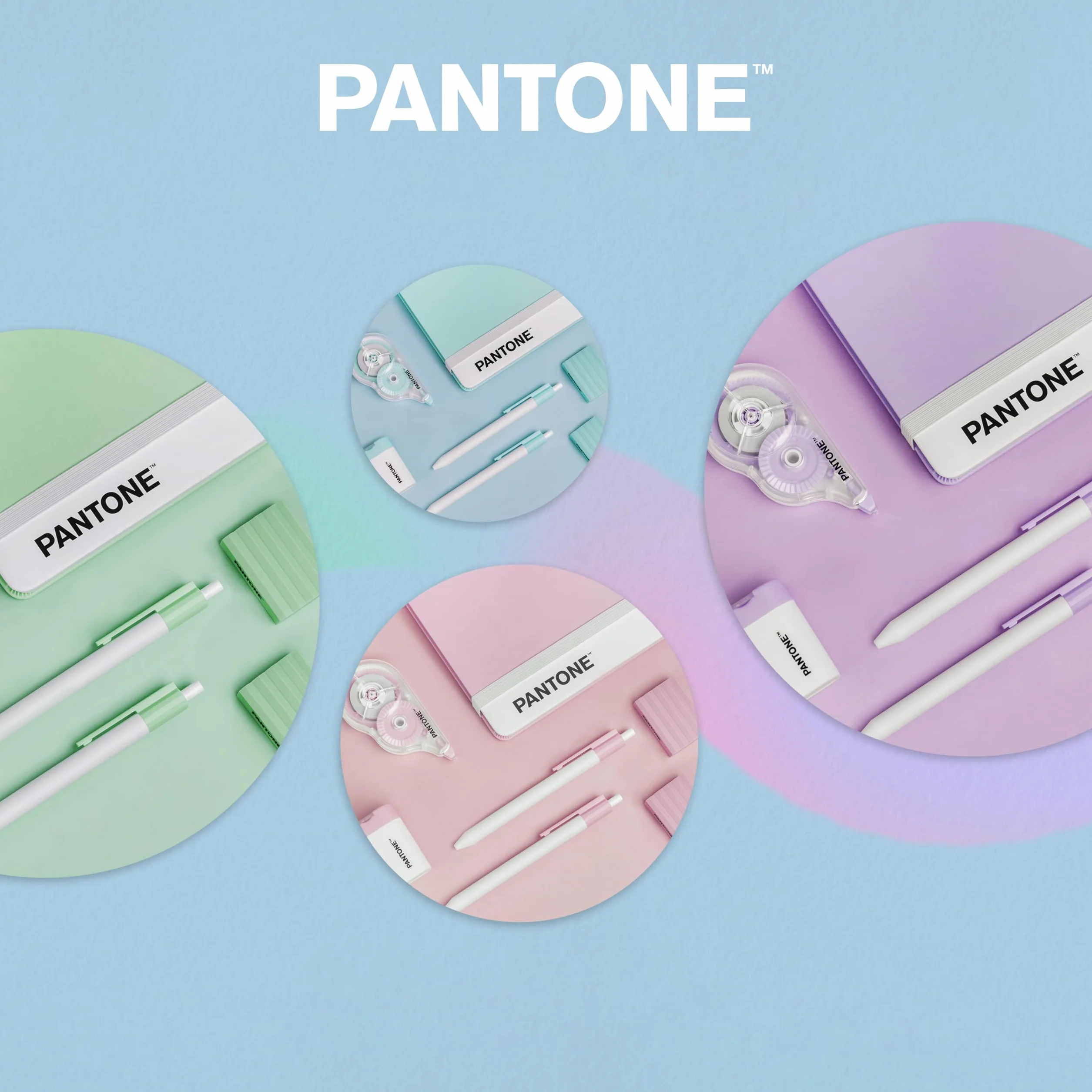 PANTONE Pastel Gift Box - Set Cancelleria con Temperino con Serbatoio, Taccuino Appunti, 2 Gomme da Cancellare, Bianchetto a Nastro 10mt e Penne Gel Nere 0.7 mm, Prodotti Cartoleria per Idee Regalo