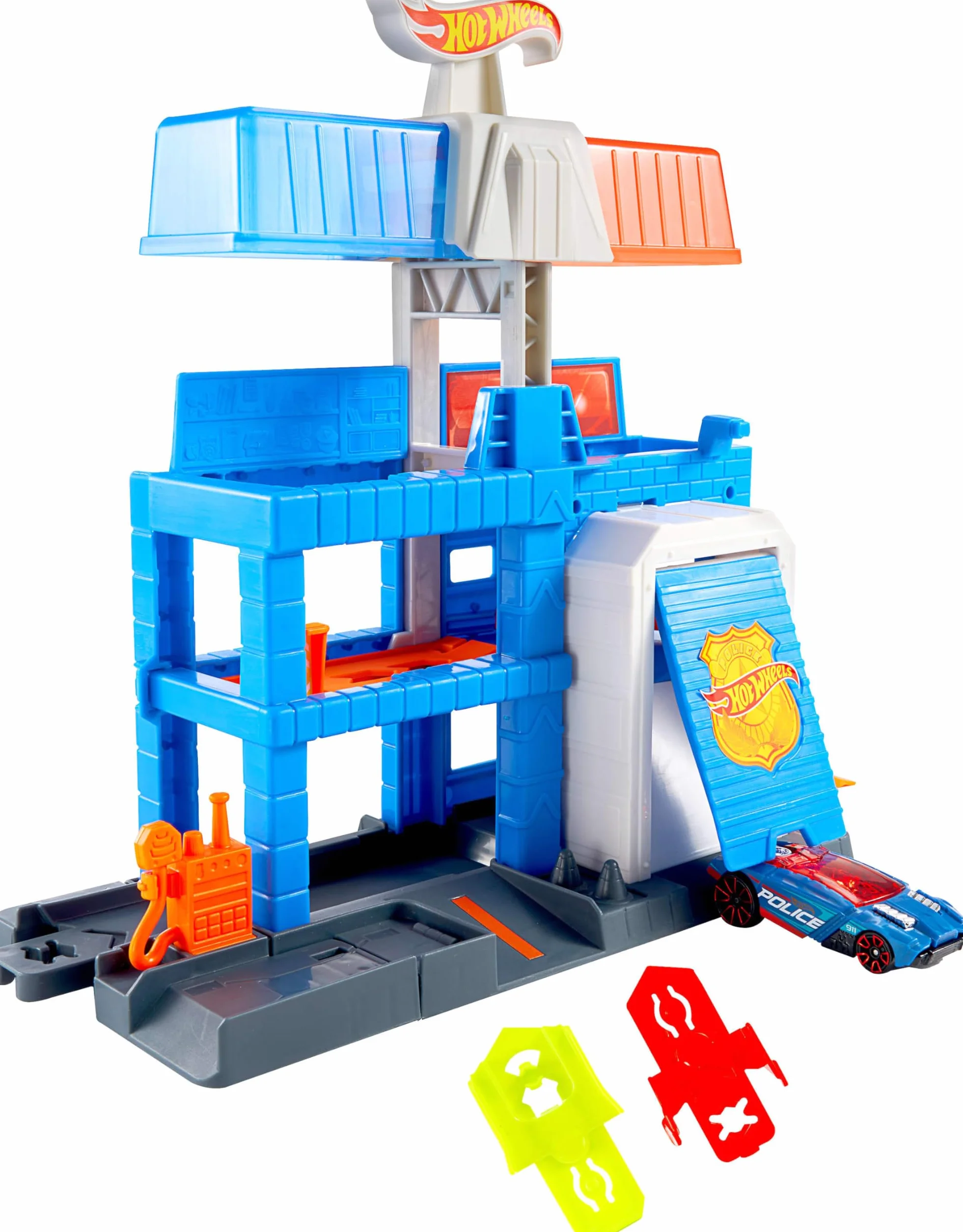 Hot Wheels - Torre di Polizia, set espandibile a tre piani con veicolo della polizia incluso, pista collegabile con sistema Speed Snap completa di rampe e deviatori, 3+ anni, JHL74