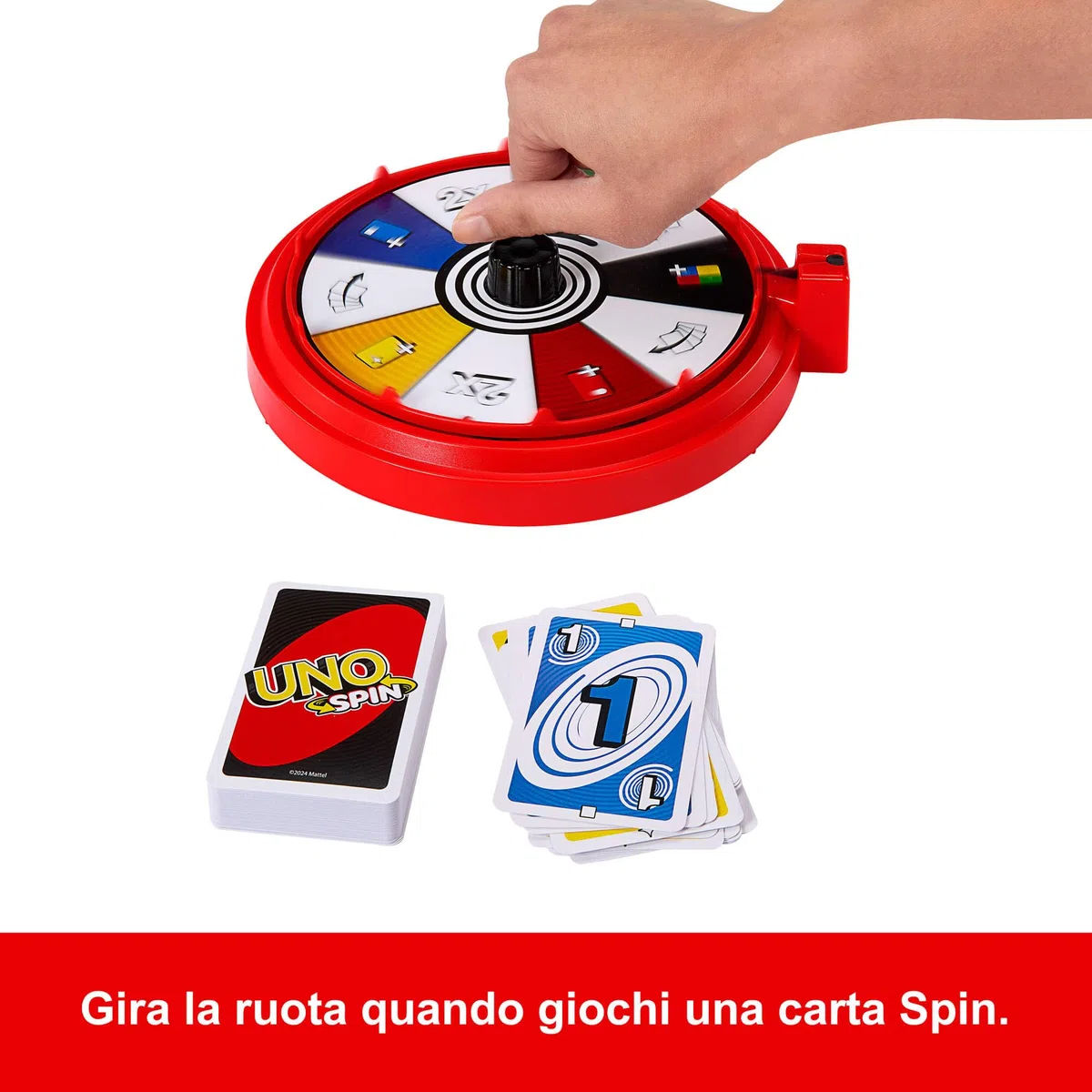 Mattel Games - UNO Spin, versione dell'iconico gioco con spinner e nuove regole, carte speciali per girare la ruota con diversi comandi, per serate di gioco, 7+ anni, JGR00