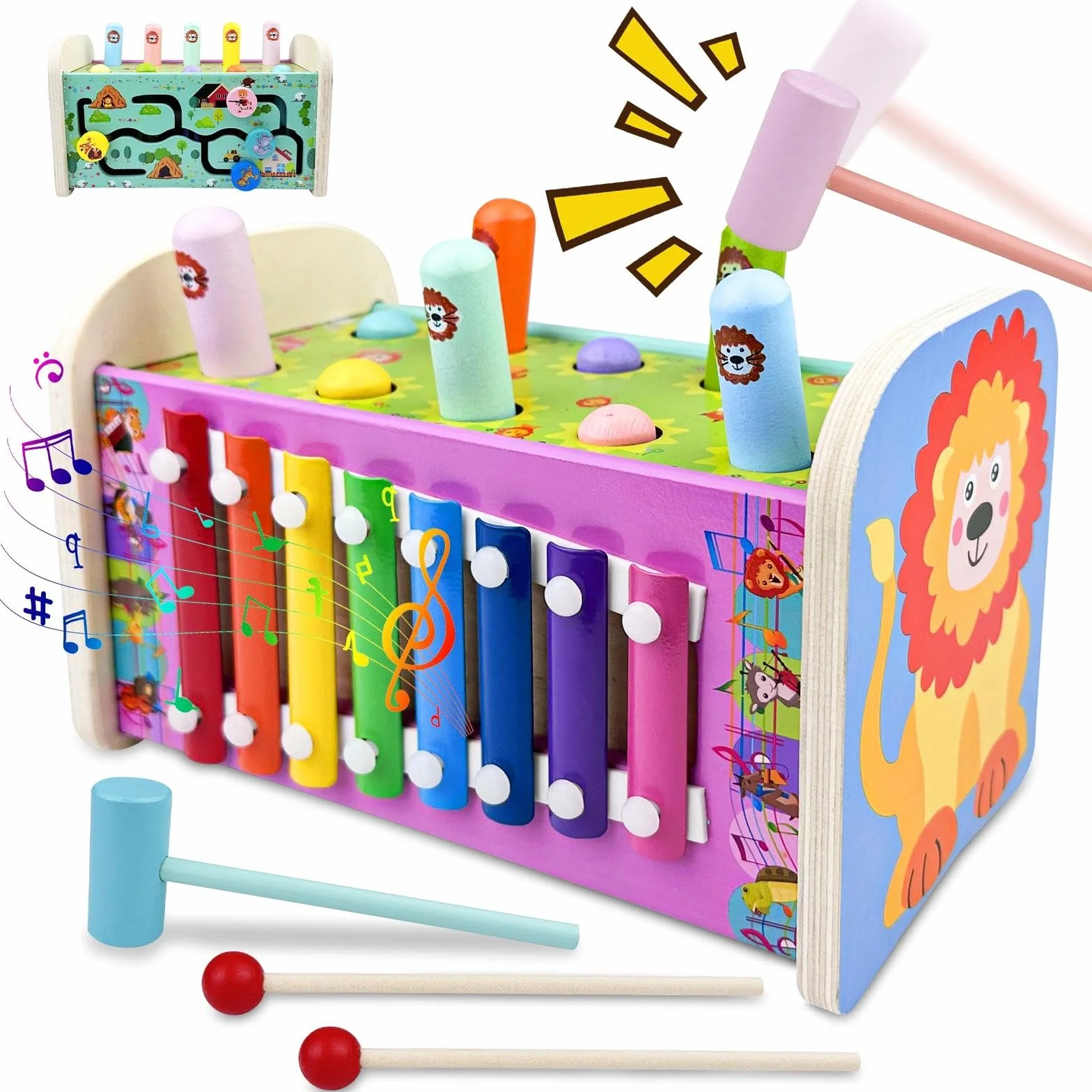 3 in 1 Giochi Legno Bambini con Xilofono/Acchiappa La Talpa/Labirinto, Strumenti Musicali Bambini, Gioco Banco di Martello, Giochi Educativi Montessori, per Regalo Bambino Bambina 1 2 3 Anno