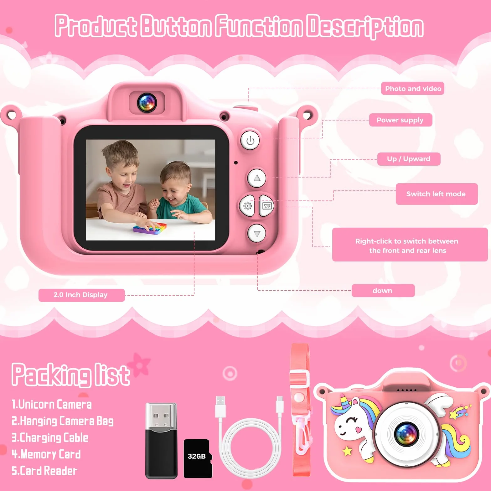 Fotocamera per bambini 1080P con 32GB e giochi - Fotocamera digitale per bambini dai 3 anni in su, fotocamera selfie con custodia in silicone unicorno, funzione di ricarica USB, musica e giochi