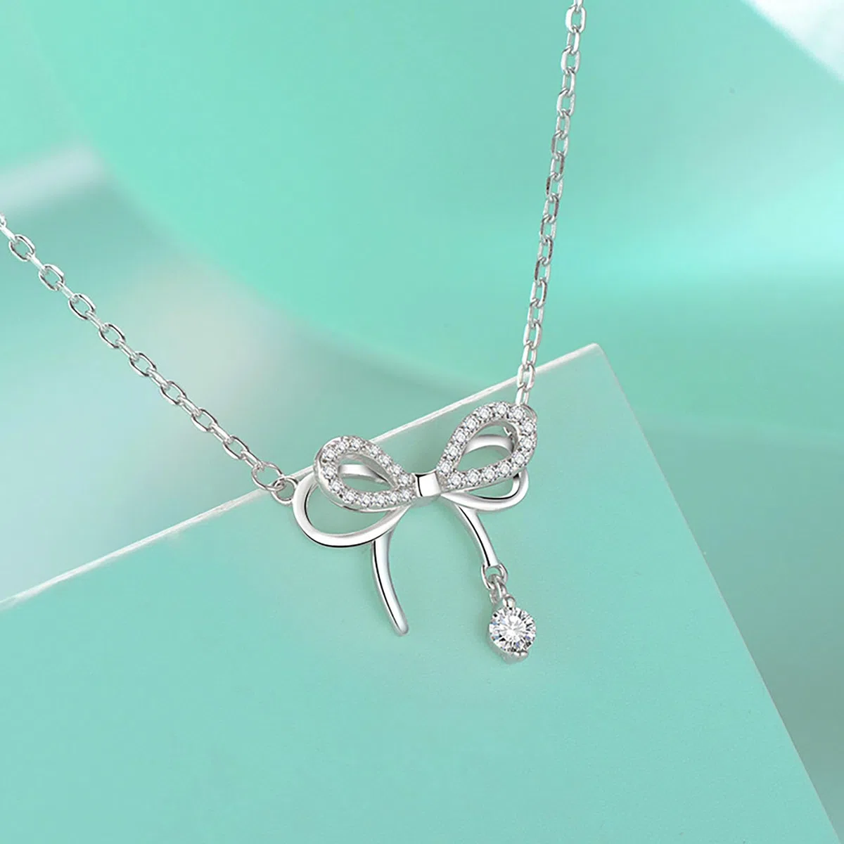 Collana Fiocco Argento 925 per Donna Bambina Ragazza Ciondolo Fiocco Rondo Zirconi Brillantini Collana da Donna Argento Cristalli Girocollo Catena Gioielli Regalo