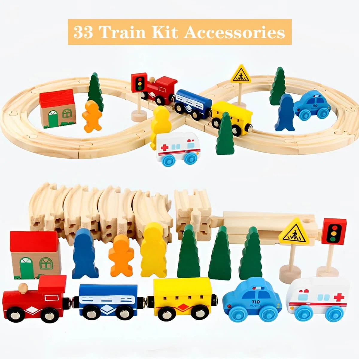 LiRiQi Pista Treno in Legno, 33 pezzi Giocattolo per ferrovia in legno per bambini, Pista Macchinine giochi, Pista Trenino Legno Creativo, Giocattolo Educativo Rgali per ragazze ragazzi 3 4 5 6 anni
