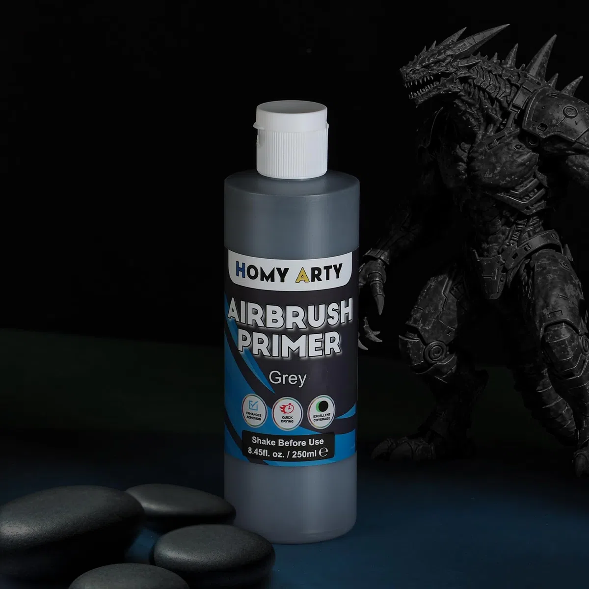 HOMY ARTY Primer per Aerografo - Primer Acrilico Grigio per Aerografo, 250 ml Asciugatura Rapida Finitura Opaca, Vernice Primer con Eccellente Adesione per Modellini in Plastica, Metallo e Tela