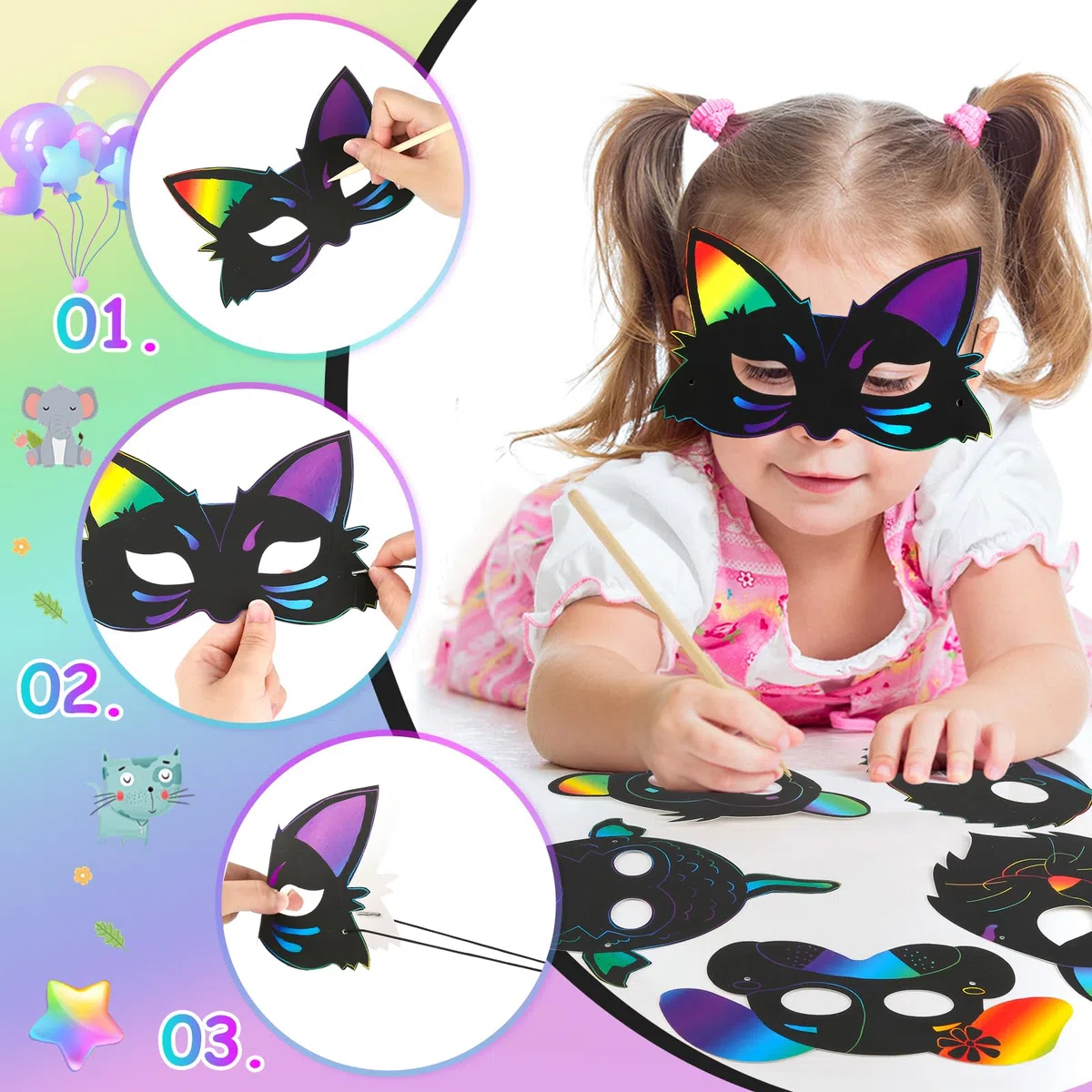RVLZKCPG 24 Pezzi Scratch Art Maschere per Bambini, Maschera da Grattare per Bambini, Gratta e Vinci per Bambini di Animali con 24 Corde Elastiche e 12 Penne di Legno per Compleanno Festa