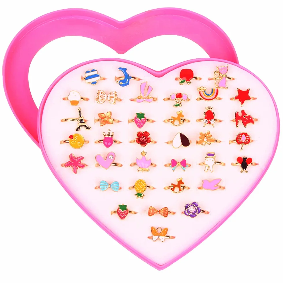 Set di Anelli per Bambine, 36 Pezzi Anello Bambina, Anelli per Bambini Gioielli, Ragazza per Bambini Anelli, con Vetrina a Forma di Cuore, per Bambini Favori di Compleanno (Stile Casuale)