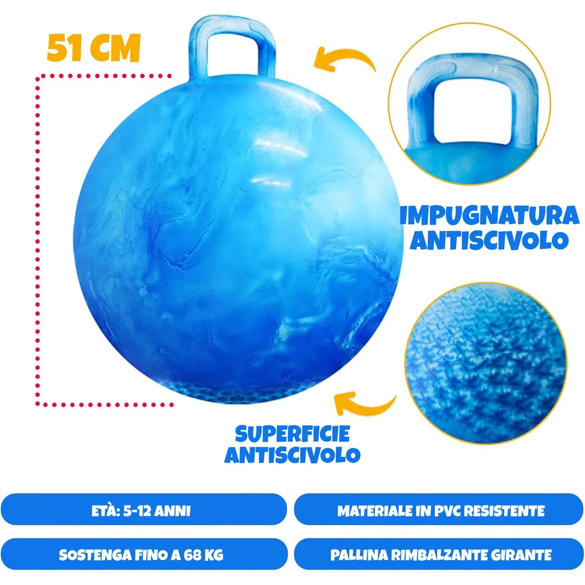 Bedwina Palla Rimbalzante 50,1 cm per Bambini – con Maniglia e Pompa, Giocattolo Gonfiabile Sicuro e Resistente per Interno/Esterno e Gioco Attivo
