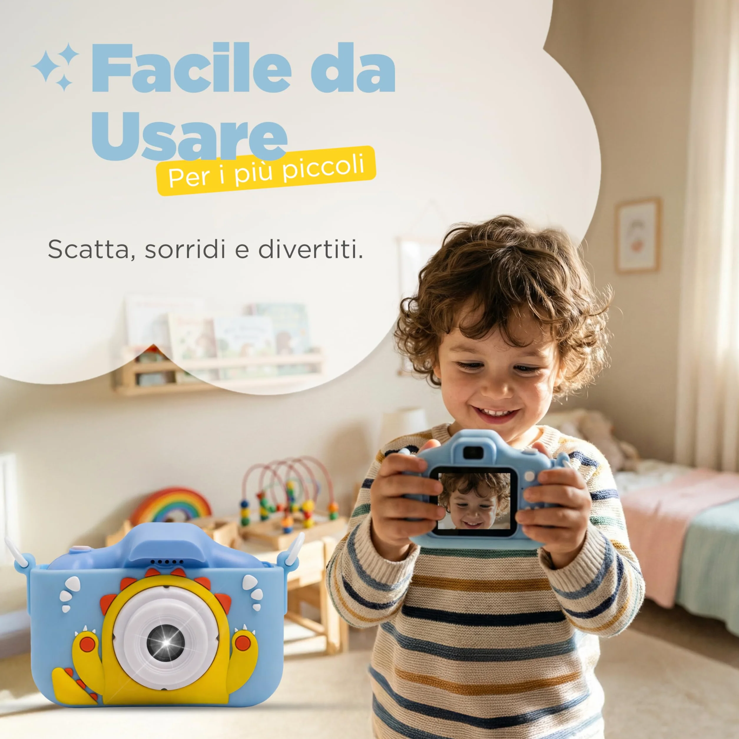 Fotocamera Digitale Bambini con Video HD, Giochi Integrati e Filtri Divertenti, Macchina Fotografica per Bambini con Cover in Gomma Antiurto, Display LCD, Micro SD Inclusa, Giocattolo Educativo