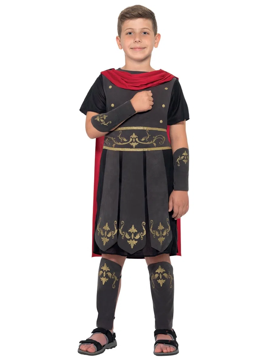 Smiffys Costume da soldato romano, nero con tunica, mantello attaccato, polsini con braccia e gambe, costume per bambini, costume per bambini