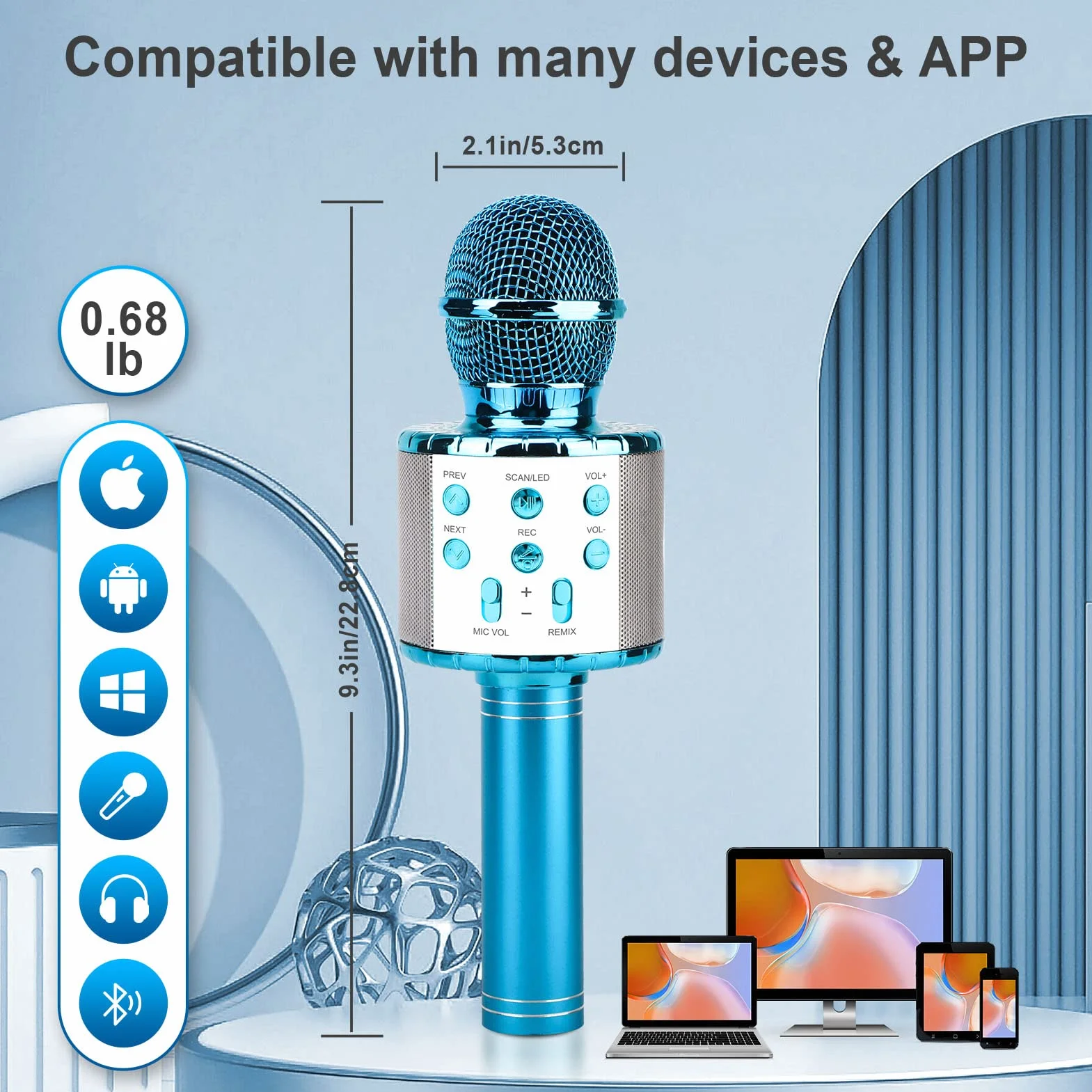 ShinePick Microfono Karaoke Bluetooth, Microfono Wireless Bambini, Portatile Microfono Giocattolo Cambia Voce per Bambini, Compatibile con Android/iOS, PC e Smartphone (Blu)
