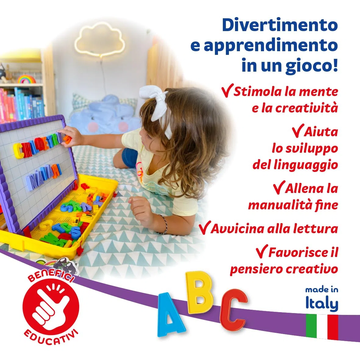 Quercetti Magnetino Letters Lavagna per Bambini 4-8 Anni con Lettere Magnetiche per Bambini, Lavagna Cancellabile con Piedini, Giochi Educativi, Made in Italy