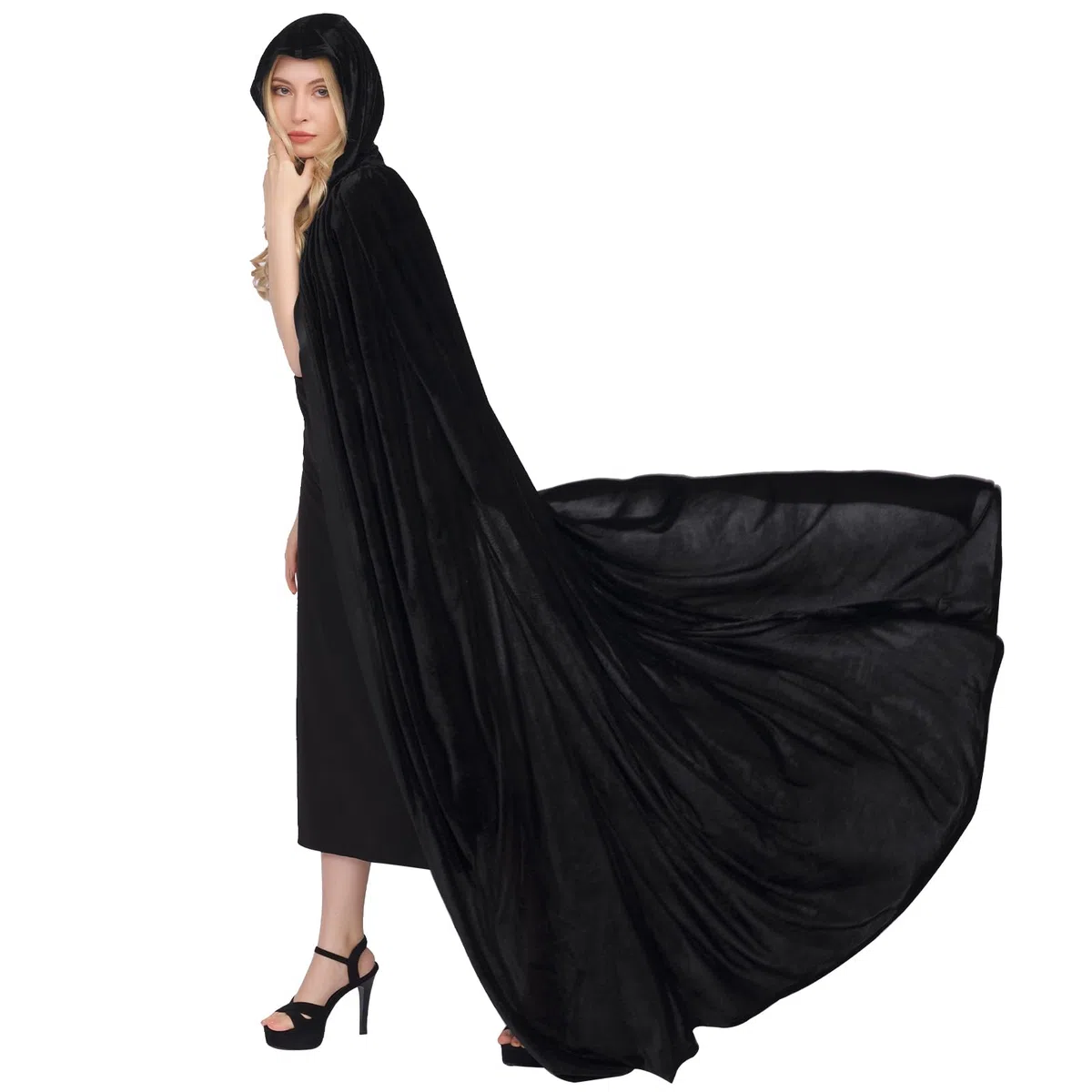Myir JUN Mantello con Cappuccio Velluto, Adulto Bambini Halloween Mantelli Lungo Halloween Costume Unisex Strega Wicca (L, Nero)