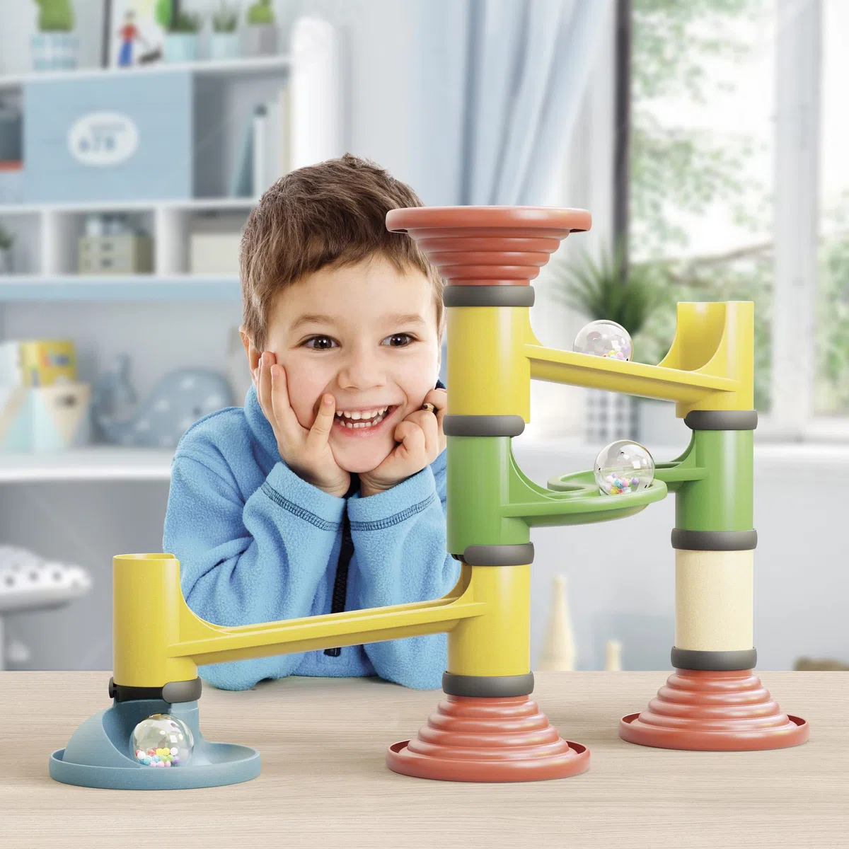 Quercetti Migoga Junior Bio Pista Biglie Per Bambini a Partire dai 18 Mesi Costruzioni Grandi Per Bambini In Bioplastica, Gioco Costruzioni Con Grandi Biglie Sonaglio, Percorsi Creativi e Sensoriali