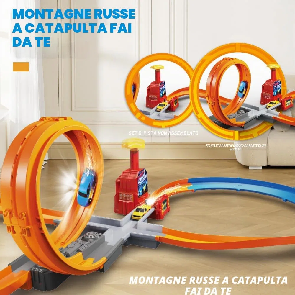 Set pista per slot car VATOS per ragazzi - Pista slot per bambini con accelerazione manuale a 360 gradi, montagne russe con catapulta fai da te 3 4 5 6 7 8 9 10 bambini