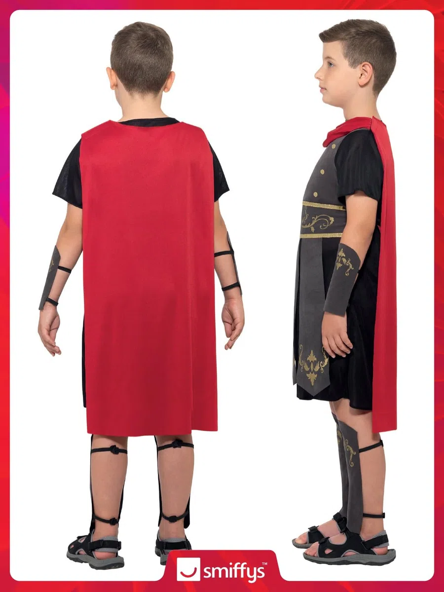 Smiffys Costume da soldato romano, nero con tunica, mantello attaccato, polsini con braccia e gambe, costume per bambini, costume per bambini