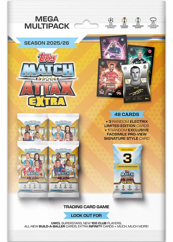 Topps UCC Match Attax Extra 2026 - Mega Multipack - contiene 48 carte e 3 carte Electrix-LE casuali e una carta Facsimile Pro-View Signature-Style casuale.