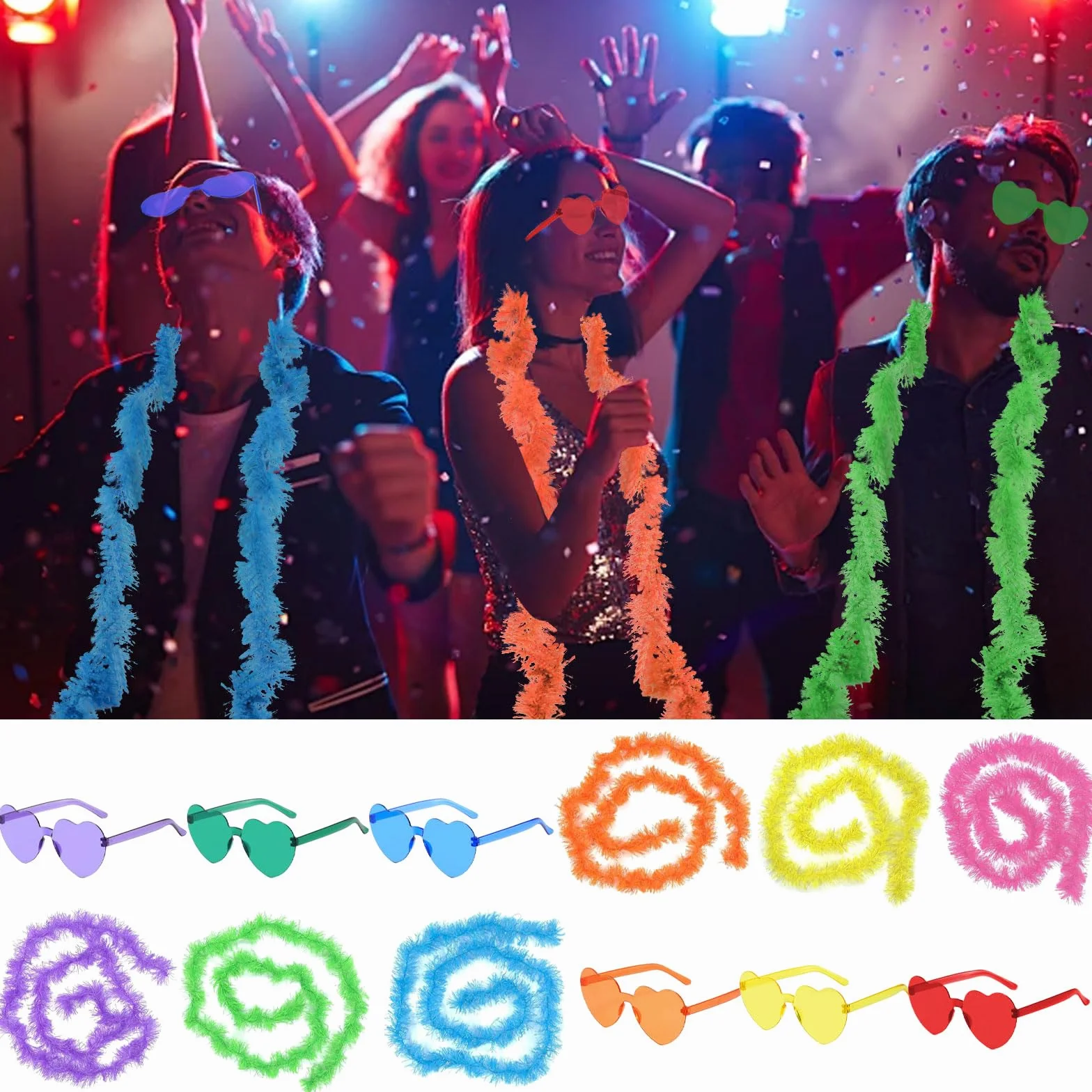 GWAWG 6boa di piume colorate con 6 occhiali da sole senza cornice, boe artificiali soffici per travestimento da donna, per bomboniere, carnevale, Halloween (12 pezzi)