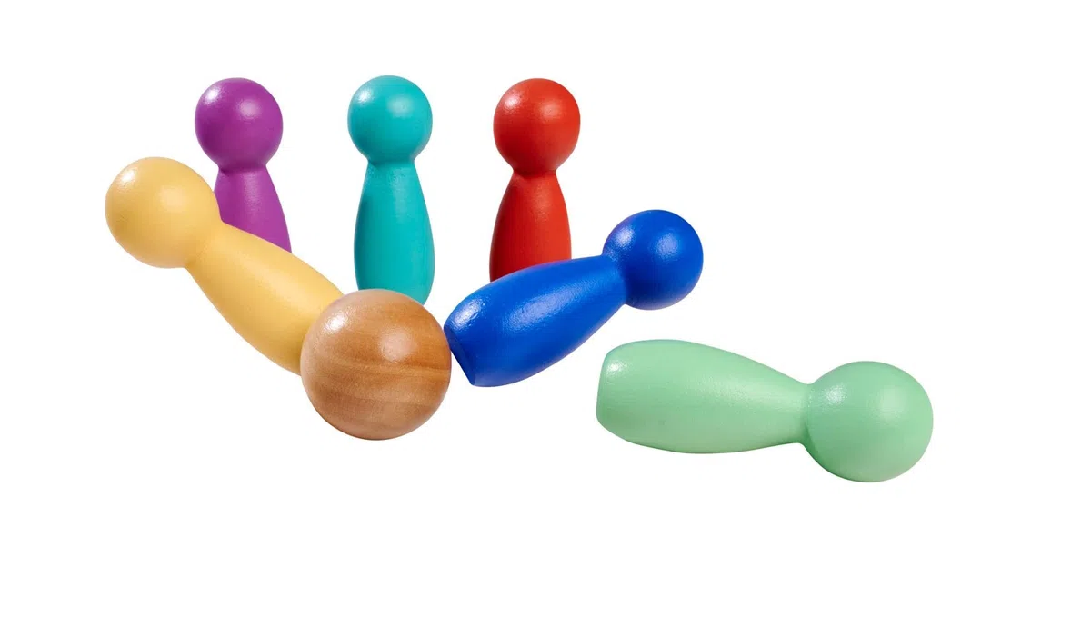 Eichhorn – Games – Gioco di Bowling con 6 Pin e Una Sfera di Legno, Tavolo colorato Bowling, 7 Pezzi, in Legno di Betulla, dai 3 Anni in su