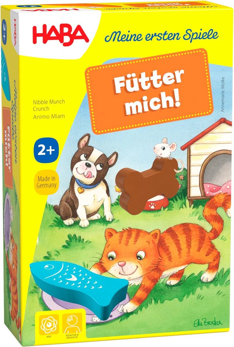 HABA 305473 – I Miei Primi Giochi – Nutri Me! Gioco di assegnazione a Partire dai 2 Anni per 1 – 5 Giocatori con 5 Figure in Legno a Tema Animali Domestici, Tempo di Gioco 5 min, trasmette la