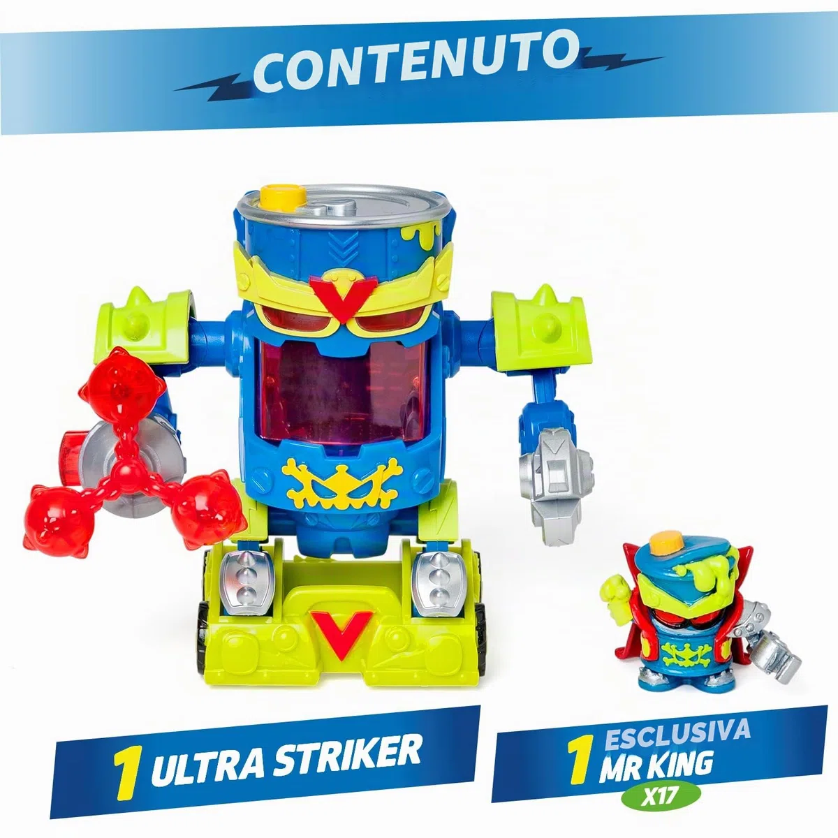 SUPERTHINGS – Ultra Striker Mr. King. Robot Ultra Striker Mr. King della serie TV "SuperThings Kazoom Power". Contiene 1 Ultra Striker Robot, 1 Mr. King esclusivo
