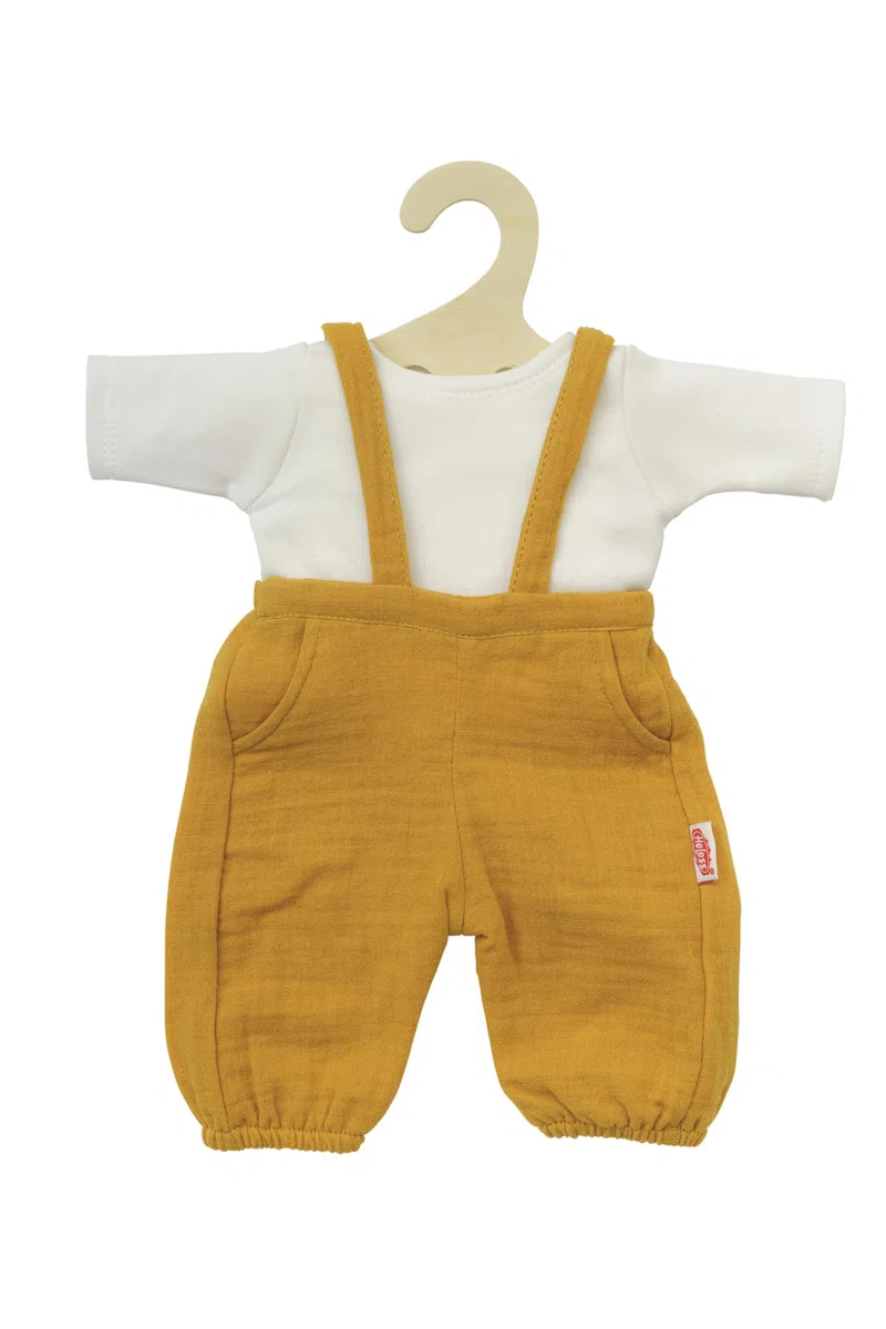 Heless 2415 - Vestiti per Bambole in 100% Cotone Biologico, Set di 2 Pezzi con Salopette in Giallo Miele e Maglietta Bianca per Bambole e Peluche di Dimensioni 35-45 cm