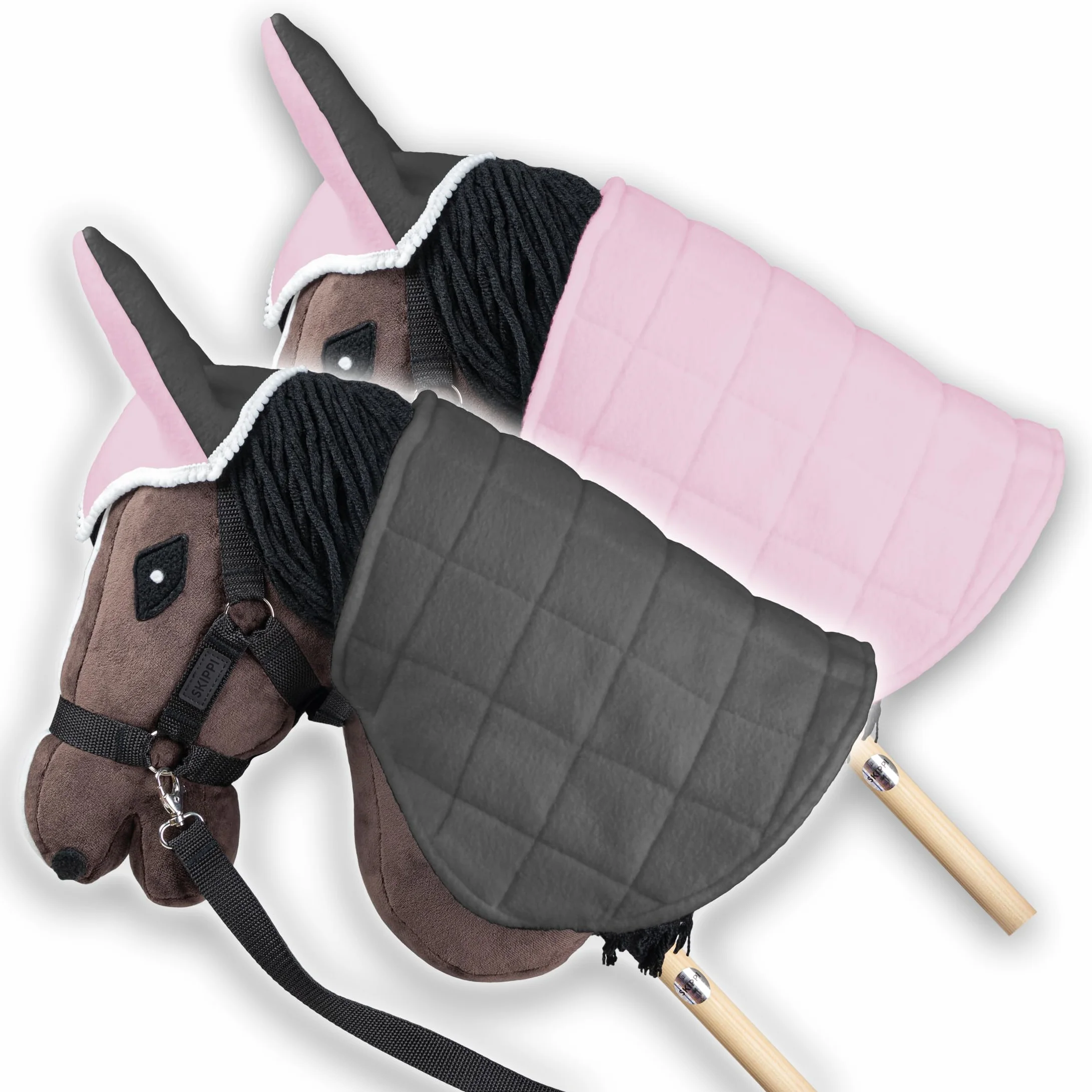 SKIPPI Coperta e Cuffietta per Hobby Horse - Rosa e Grigio, Reversibile Hobby Horse Accessori, Cuffia Bicolore e Coperta Antimosche per Cavallo con Bastone